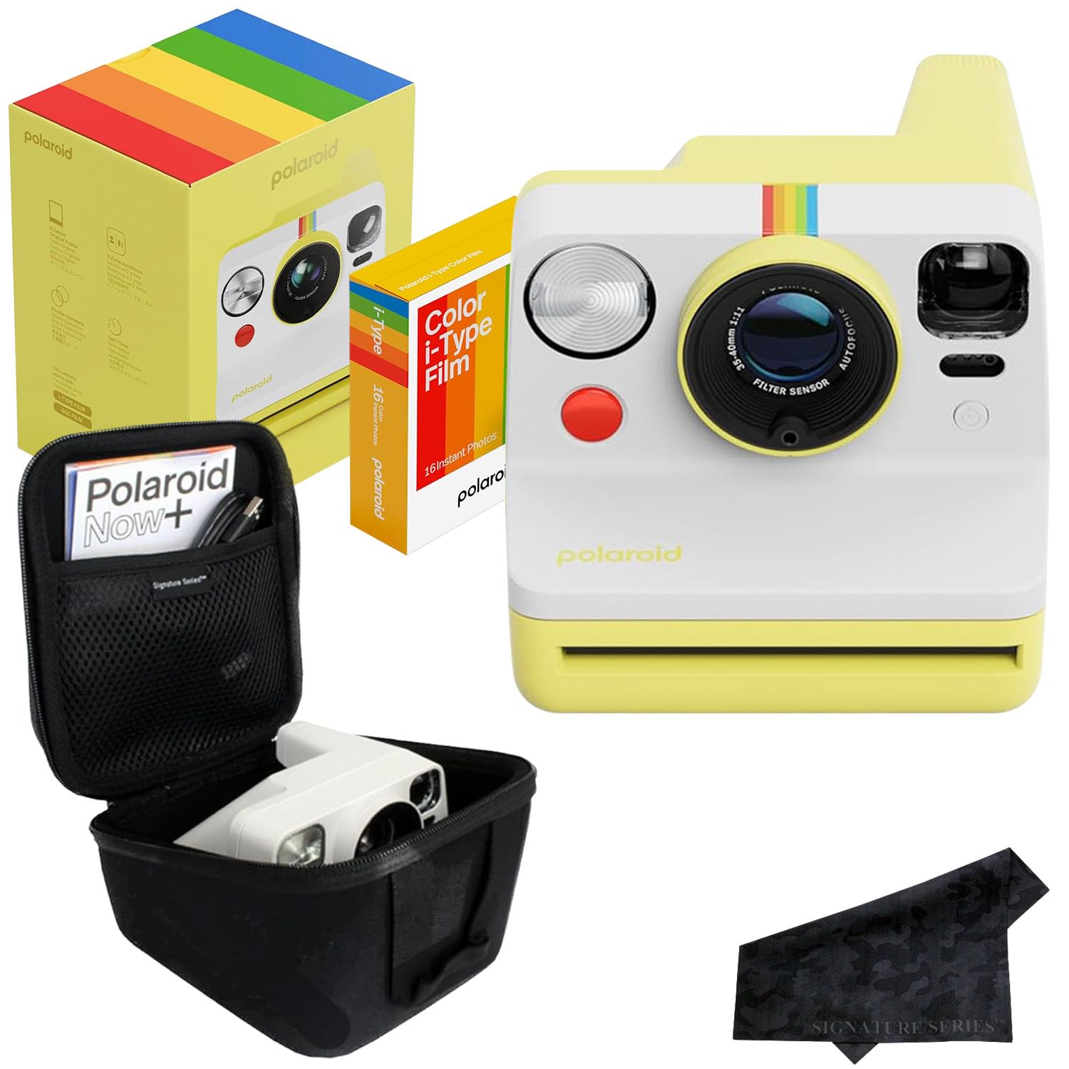Polaroid Now 3rd Generation i-Type Instant Film Camera with 16 Color Film Photos, Yellow, with Signature Series Case Bundle