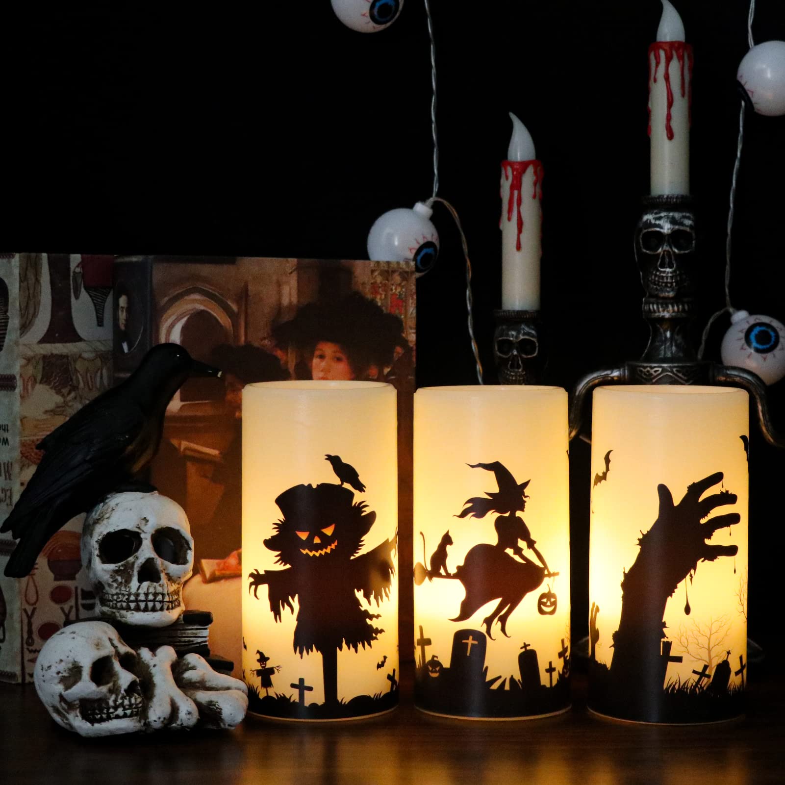 Genswin Halloween Flameless Flickering Candles With Witch, Scarecrow, Hand Decals With Remote Timer, Battery Operated Real Wax H