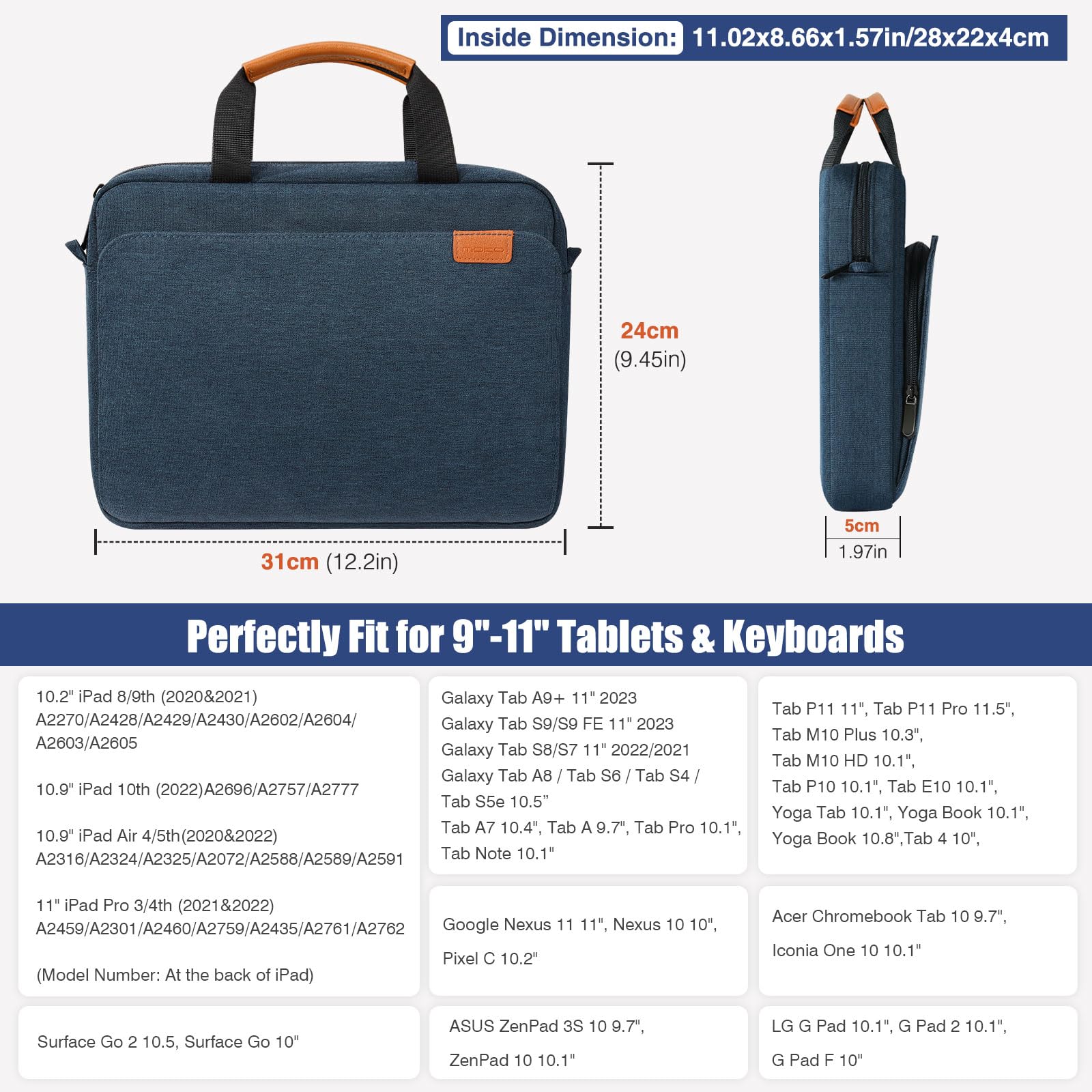 MoKo 9 11 Inch Tablet Sleeve Case, Protective Handle Shoulder Bag Fits iPad Air 5/4th 10.9, iPad 10th Gen. 10.9, iPad Pro 11, iPad 9/8/7th 10.2, Tab S8/S9 11', Surface Go 2/3 10.5, Indigo