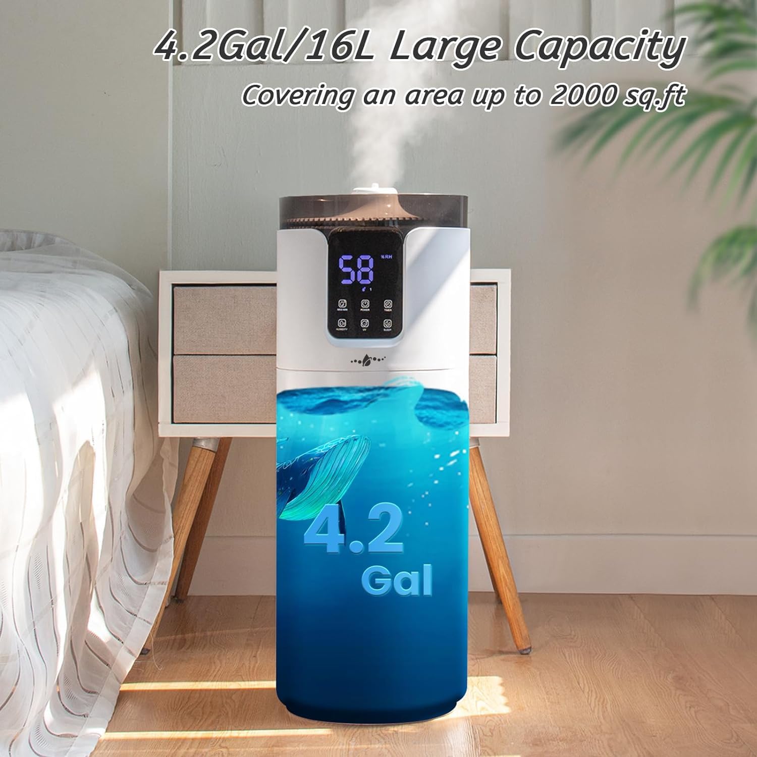 Lacidoll Humidifiers For Home Large Room Wholehouse Humidifier 2000 Sq. Ft 4.2 Gal 16L Floor Humidifier 360 Nozzles Cool Mist Ul