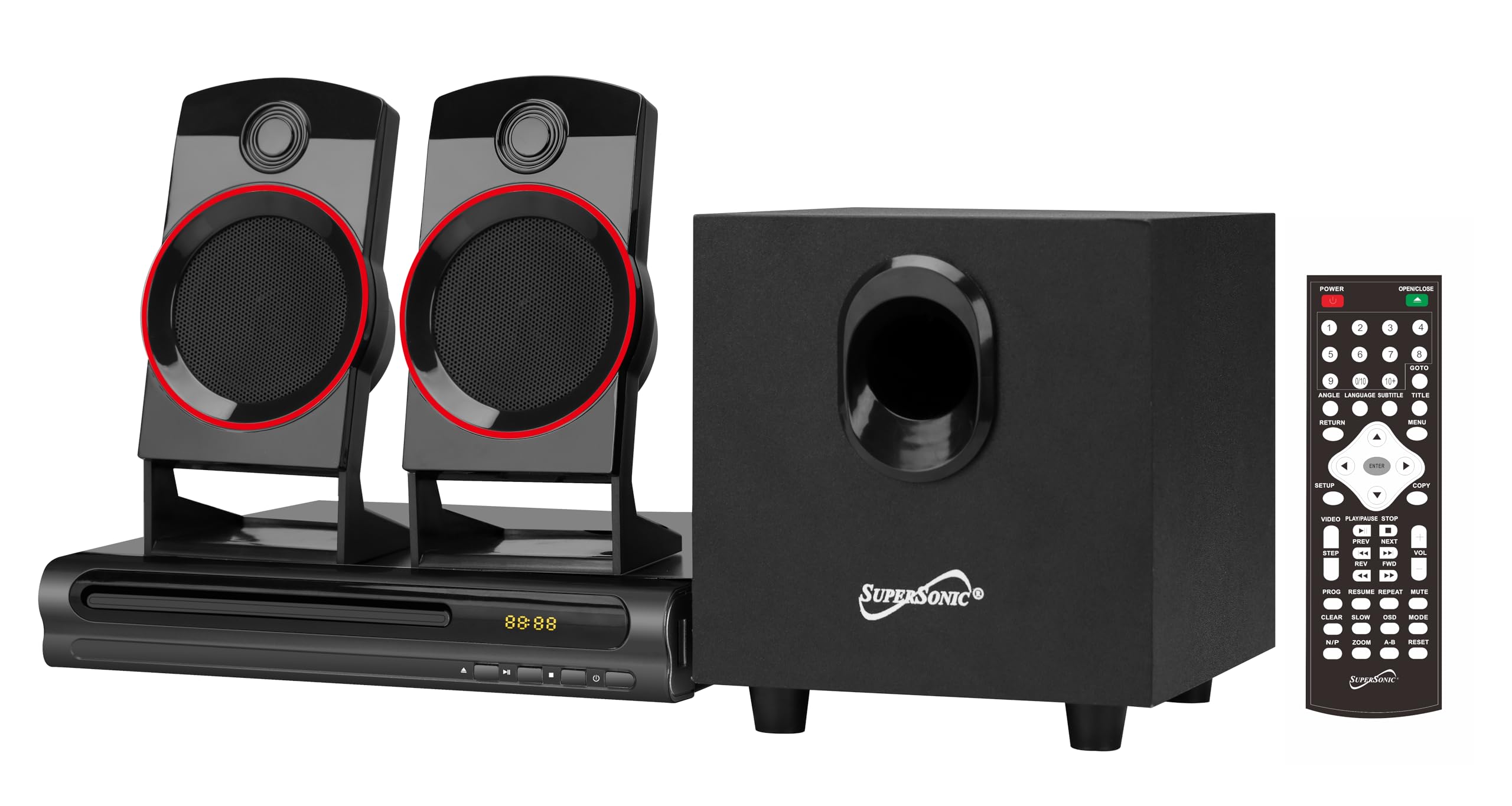 Supersonic Sc 35Ht Sc 35Gt 2.1 Home Theater System (Discontinued By Manufacturer), Black And Red, Two 3W Speakers, One 5W Subwoo