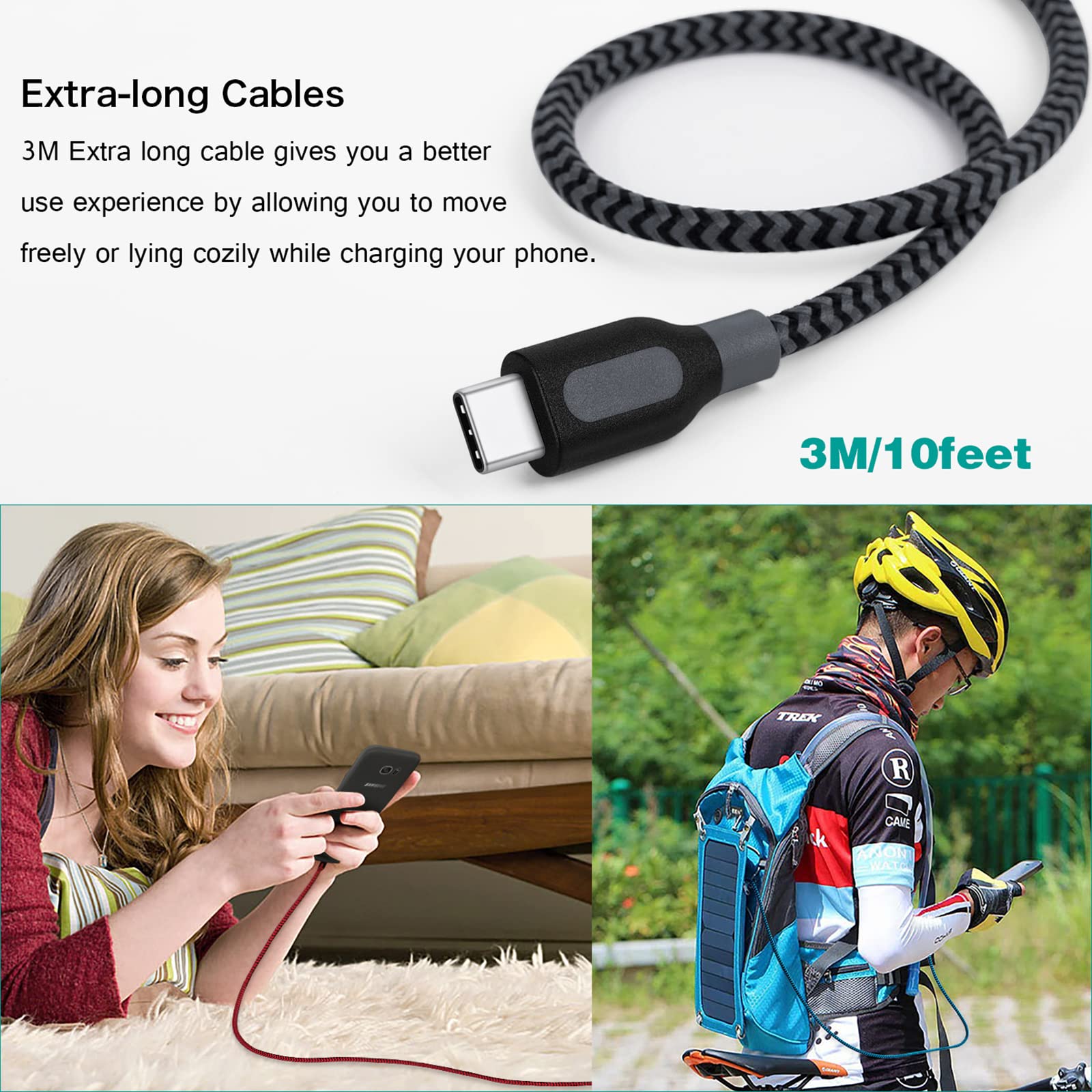 Canjoy Usb Type C Cable, 3 Pack 10Ft Braided Type C Charger Fast Charging Cord Compatible Samsung Galaxy S10 S10+ S10E S8 S9 Plus Note 8 9, Lg V20 G5 G6 V30 (Red Blue Grey)