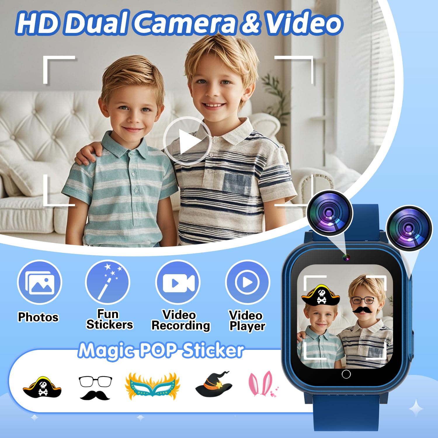 Kids Waterproof Smart Watch With 32 Games Dual Camera Music Player Pedometer Habit Tracking Hd Screen Protectors Lanyard Flashli