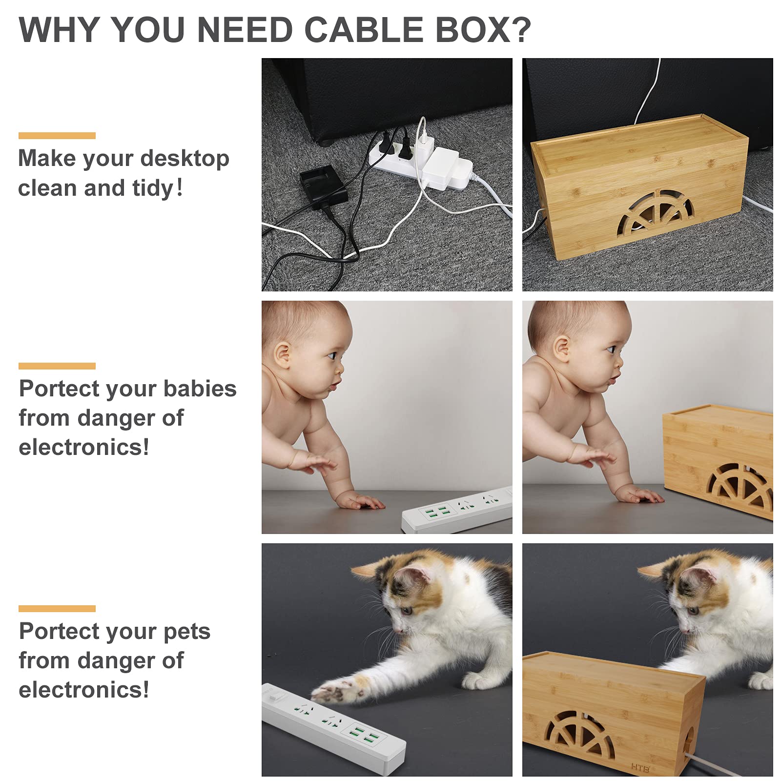 Cable Management Box Set Of 2 By Htb, Large & Small Bamboo Cord Organizer Box To Hide Wires & Power Strips | Desk Computer Cable