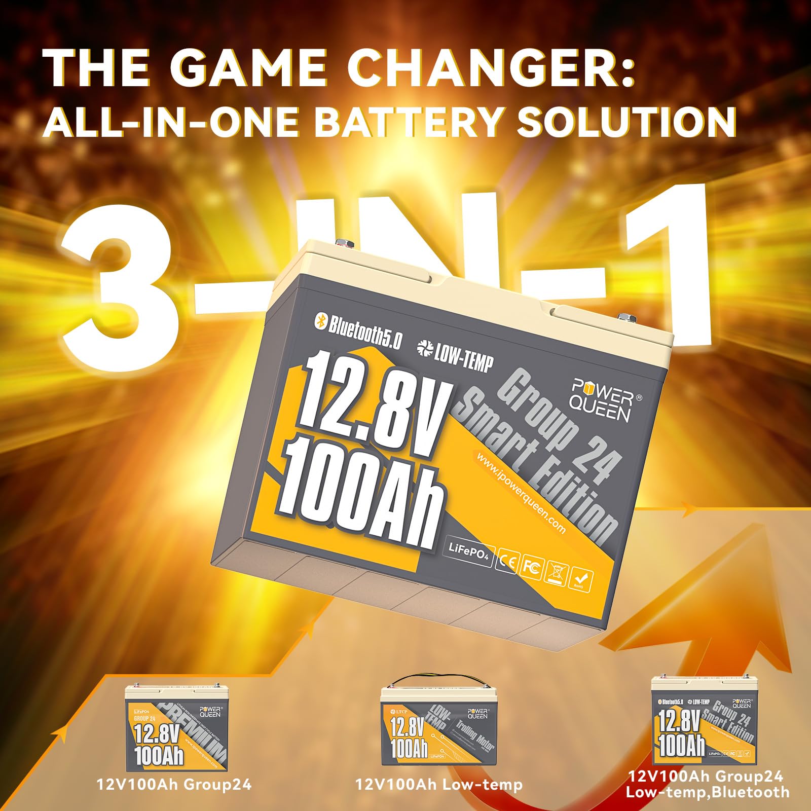 Power Queen 12V 100Ah Lifepo4 Battery Bluetooth Lithium Battery, Low-Temp Cut-Off Deep Cycle Battery With 100A Bms, 1280Wh Energ