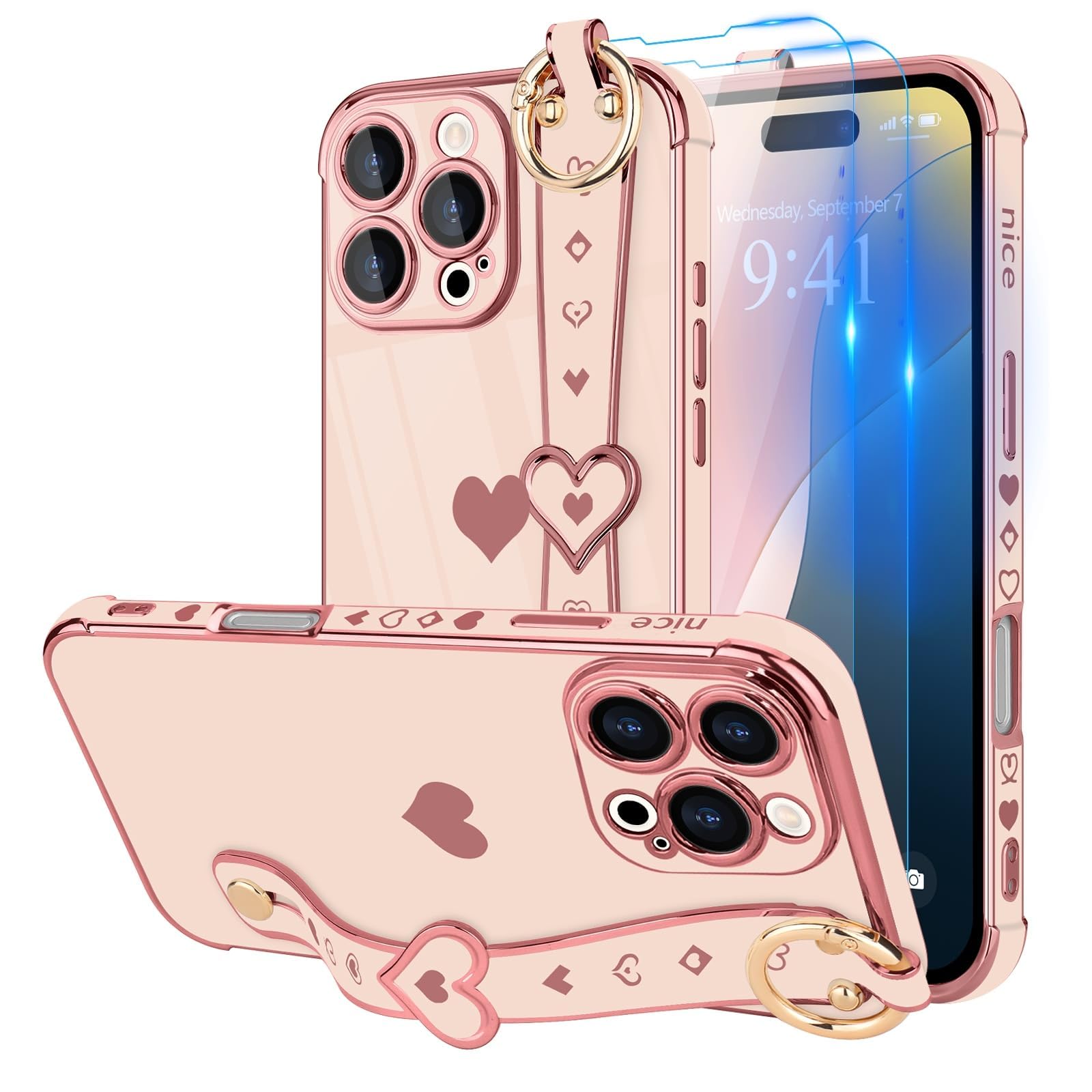 Llz.Coque For Iphone 16 Pro Max Case With Strap For Women Girls [2   Screen Protectors], Cute Love Hearts Design, Wristband Kick