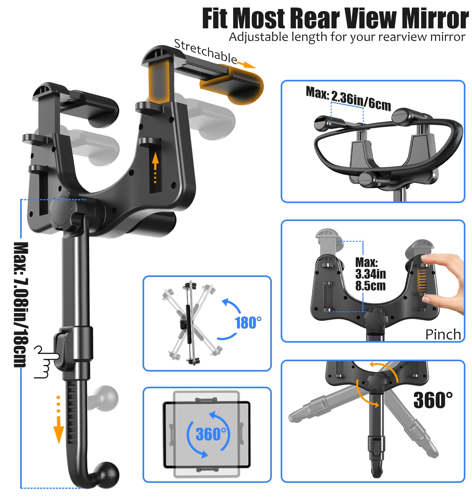 Charchendo Tablet Phone Mount For Car Rear View Mirror Fits 4 13'' Devices, 360 Retractable Rearview Mirror Phone Holder Anti Sh
