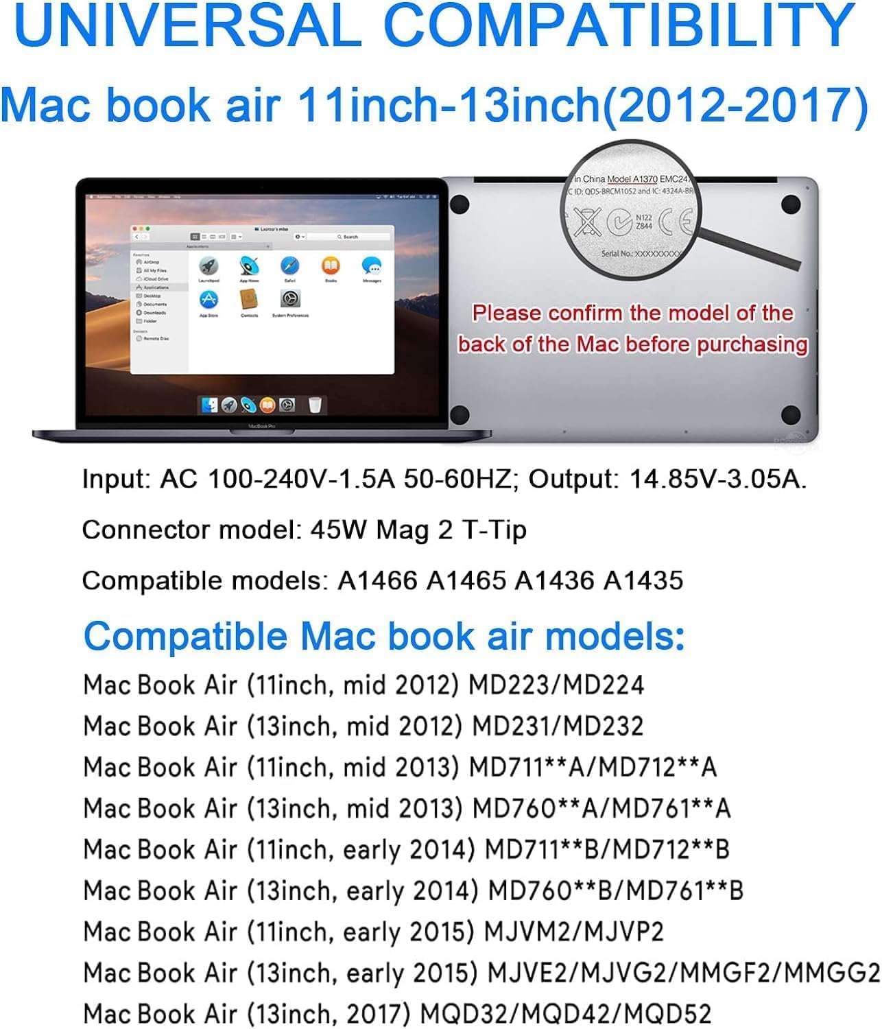 Universal Charger,Replacement For 45W T Tip Charger,Compatible With Mac Book Air 11 Inch & 13 Inch Between 2012 2017