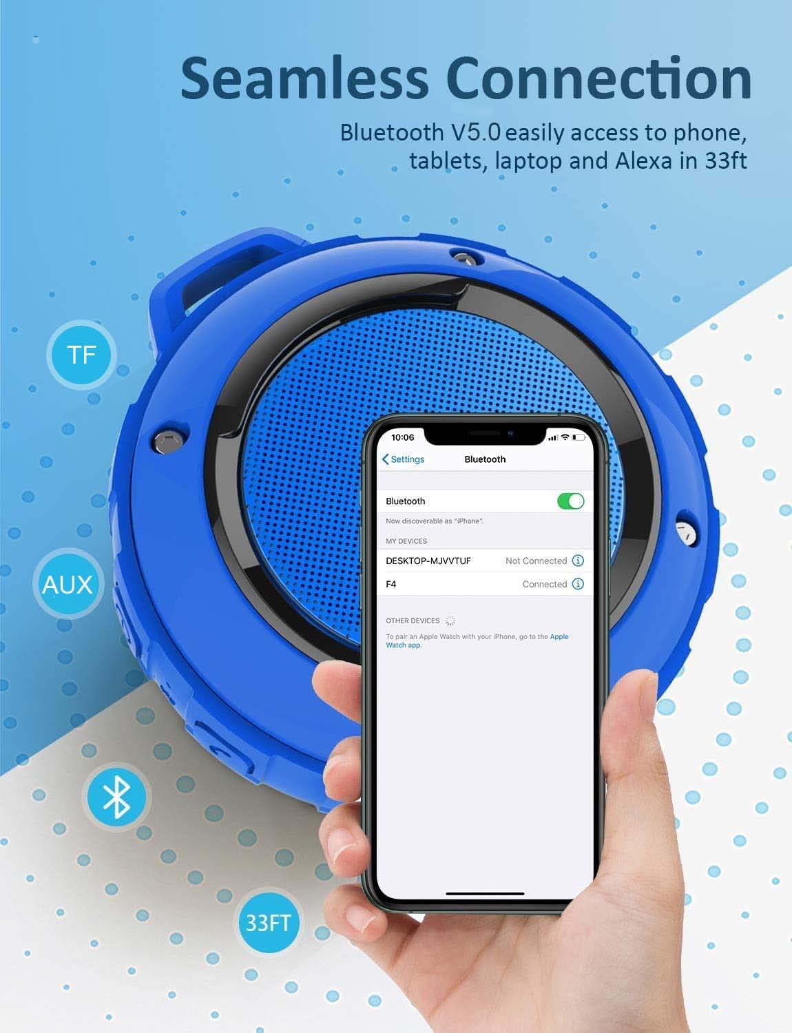 Kunodi Bluetooth Shower Speaker With Ipx7 Waterproof, Dynamic Lights, Crisp Clear Sound, True Wireless Stereo, Clip Portable For Pool Beach Boat Kayak Float Golf