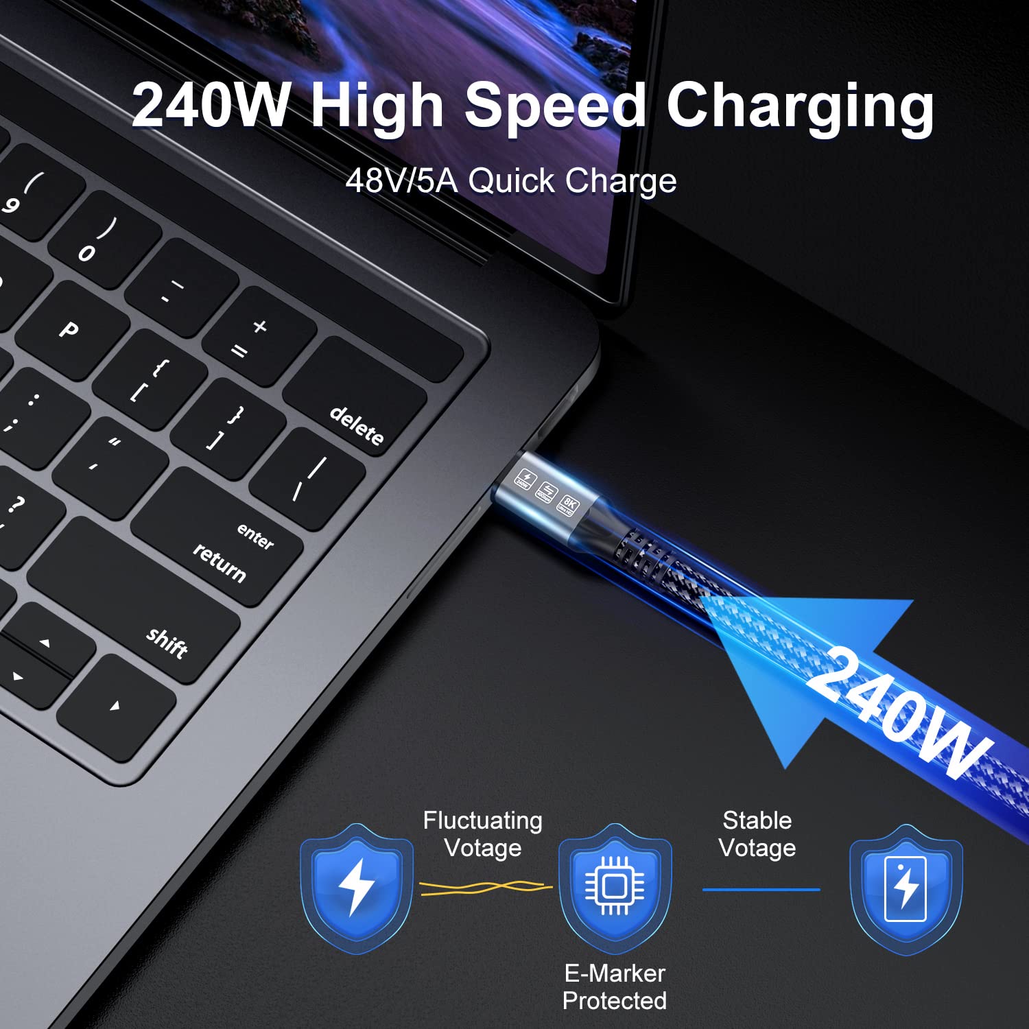 240W Thunderbolt 4 Cable 6.6Ft Usb C Thunderbolt 4 Cable Monitor Cable Supports 40Gbps Data Transfer And Single 8K/Dual 4K Video