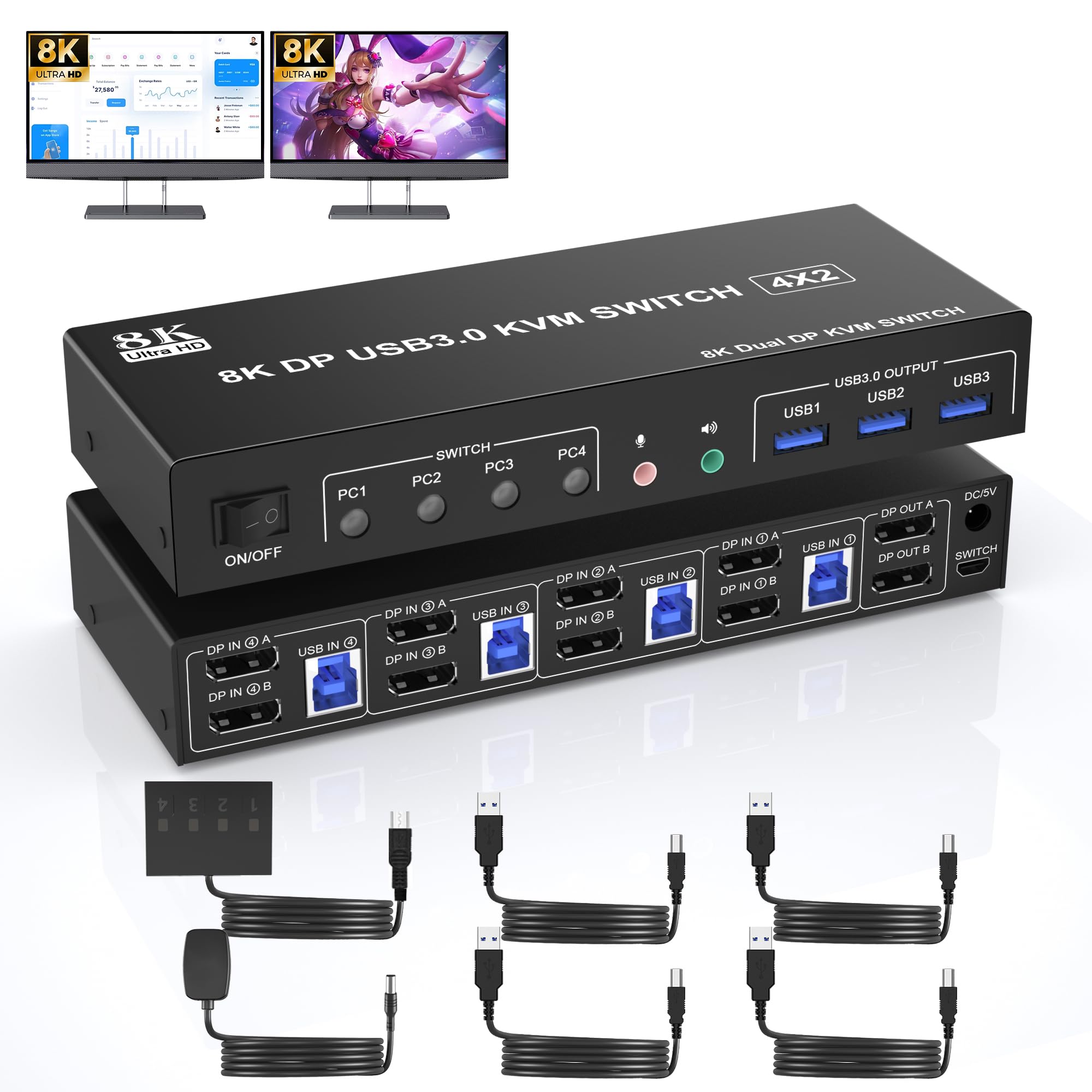 8K@60Hz Usb 3.0 Displayport Kvm Switch 2 Monitors 4 Computers, Dual Monitor Kvm Switch With Audio Output And 3 Usb 3.0 Ports, 4