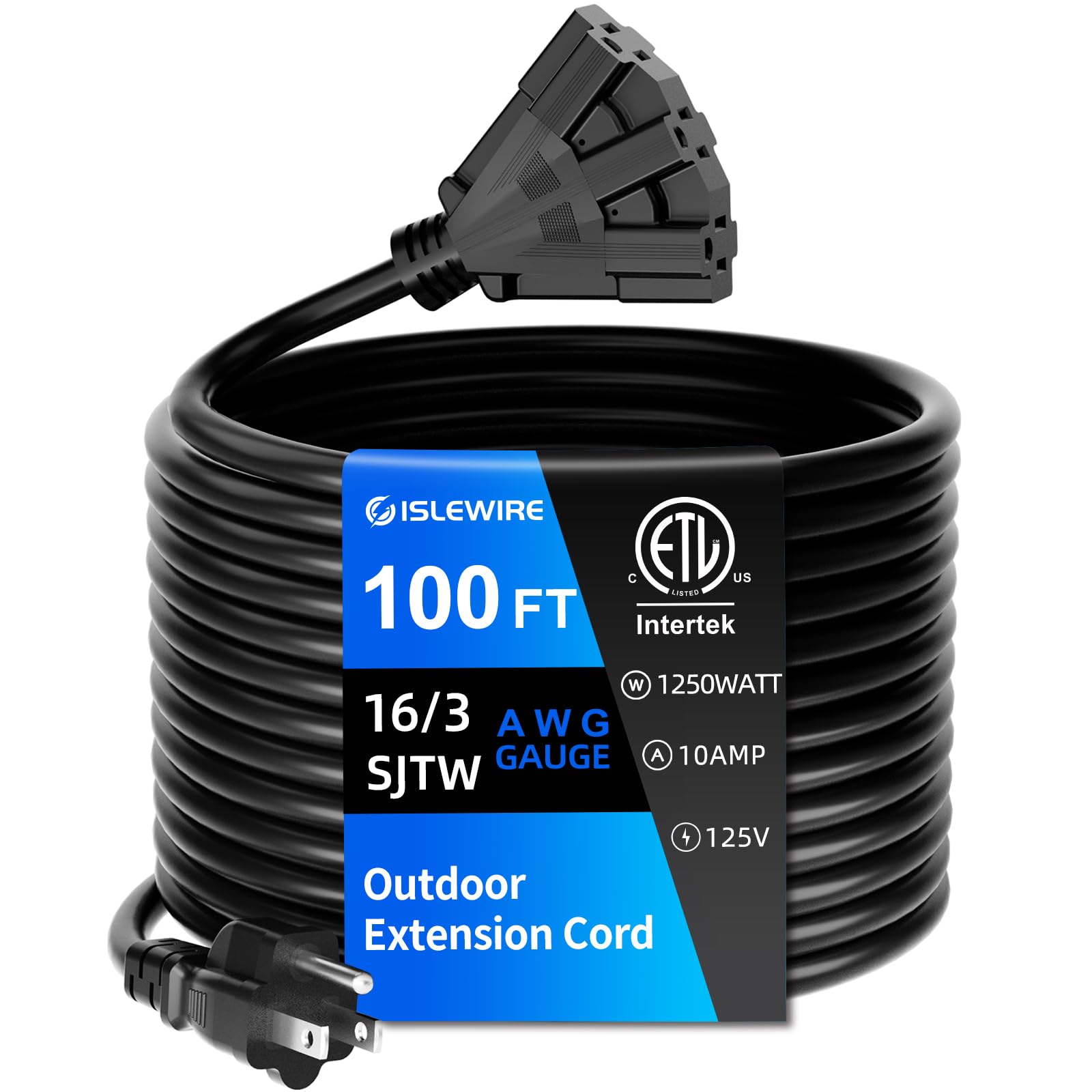 islewire 100 FT 3 Outlet Outdoor Extension Cord Waterproof, 16/3 SJTW Black Extension Cord with Multiple Outlets, Heavy Duty 16 