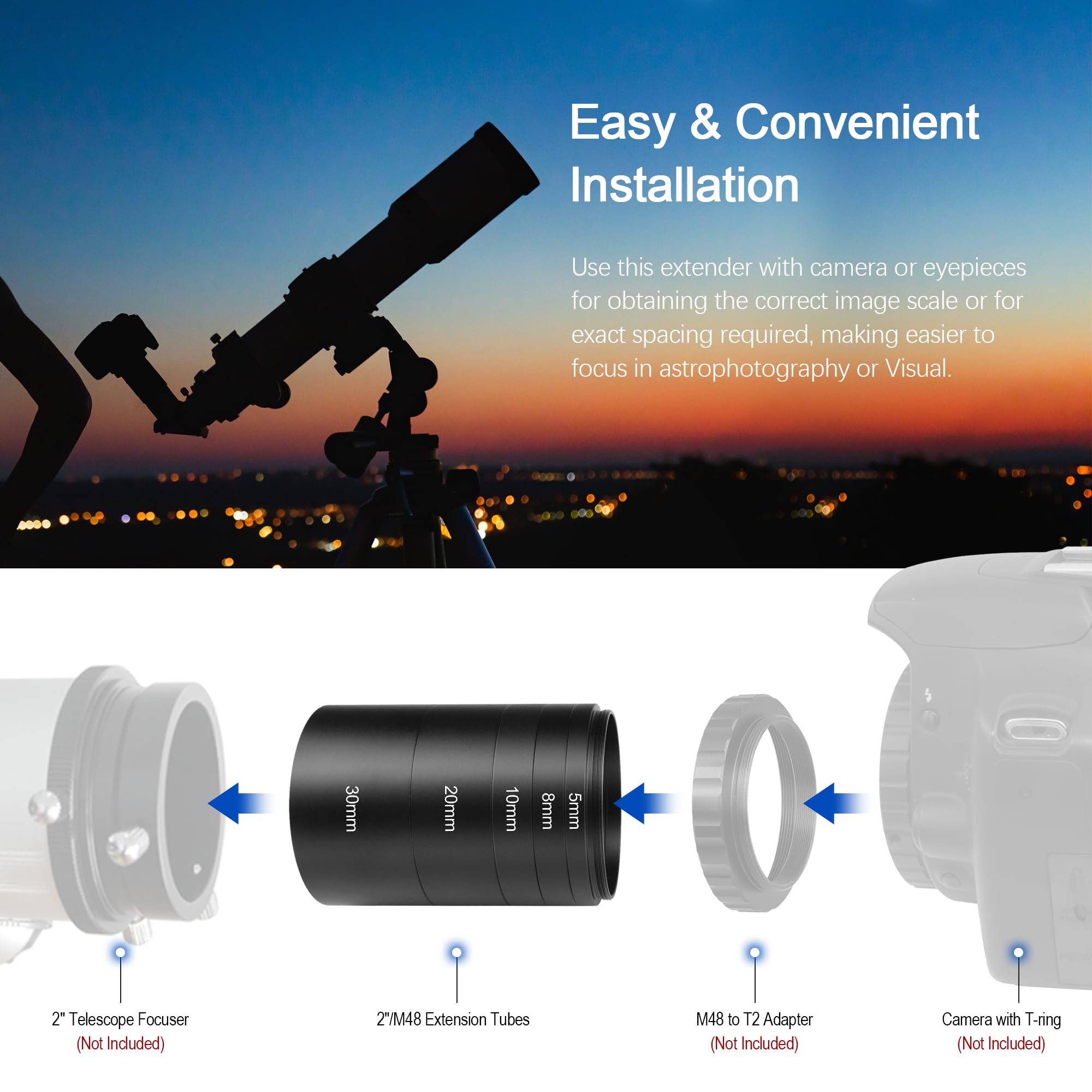 Astromania Astronomical 2''/M48 Extension Tube Kit For Cameras And Eyepieces   Length 5Mm 8Mm 10Mm 20Mm 30Mm   M48X0.75 On Both