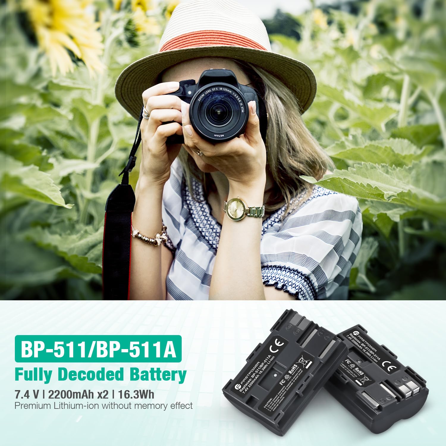 FirstPower BP-511 BP-511a Camera Battery 2-Pack 2200mAh & Dual USB Charger Black for Canon EOS 5D 10D 20D 30D 40D 50D