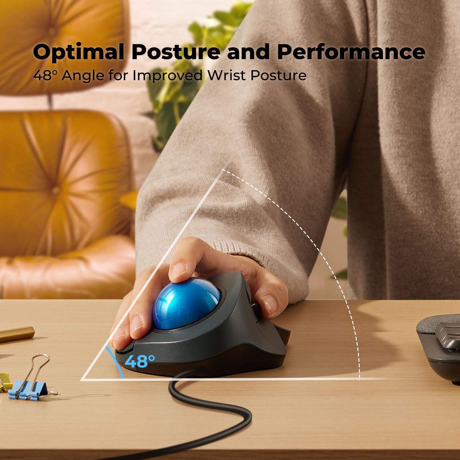 Porlei Wired Trackball Mouse, Easy Index Finger Control, Ergonomic Comfort Design Reduces Muscle Strain, Precision And Smooth Tr