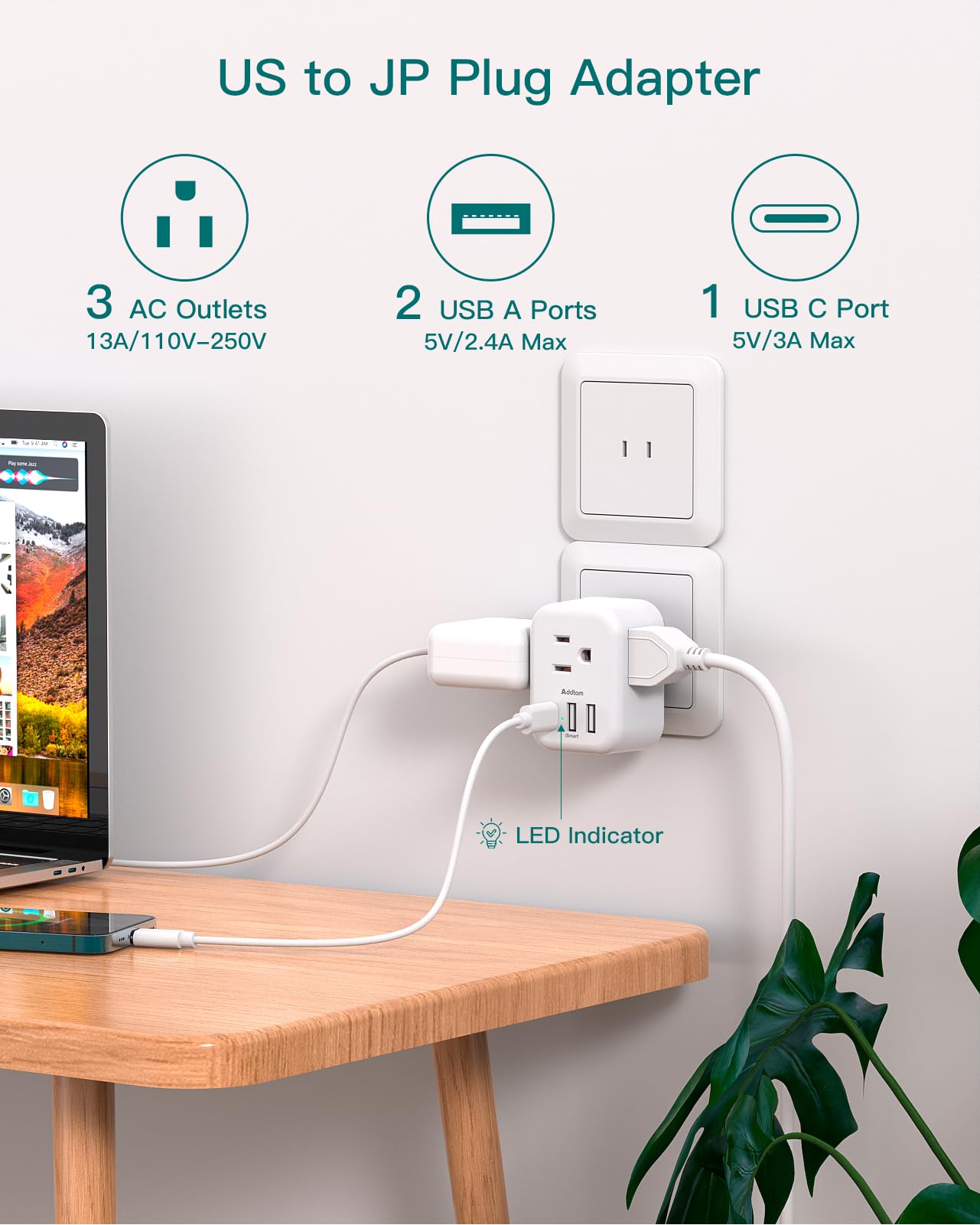 Addtam Us To Japan Plug Adapter, 2 Prong To 3 Prong Outlet Adapter With 3 Ac Outlets 3 Usb Ports(1 Usb C), Travel Power Plug Ada