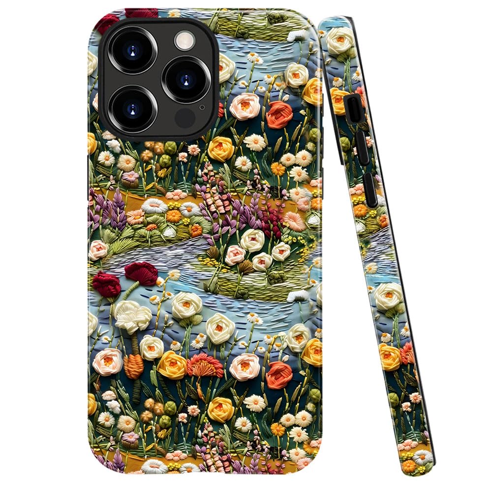 Compatible with iPhone 14 Pro Max,Anti-Scratch Glossy Case Cover,Embroidered Flower Floral