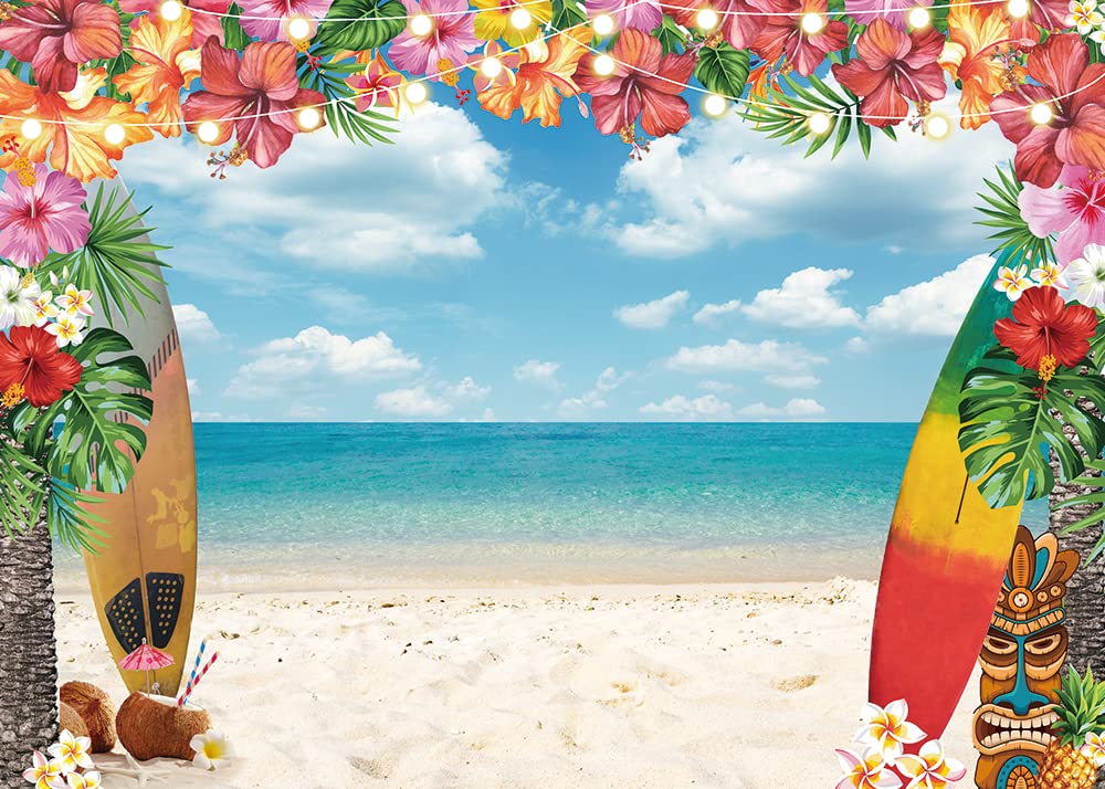 Summer Hawaiian Beach Backdrop Sky Ocean Tropical Palm Flower Surfboard Glitter Photography Background Baby Shower Aldult Kids B