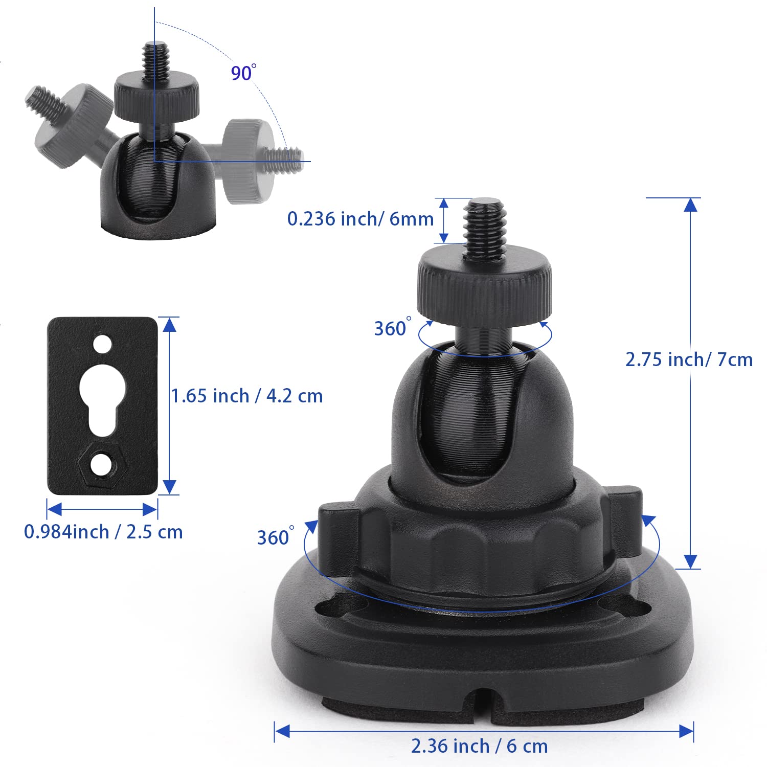 Mippko 2 Pack Speaker Wall Mount Holder For Standard 1/4' 20 Threaded Screw Hole,360� Adjustment Aluminum Alloy Mount,Black