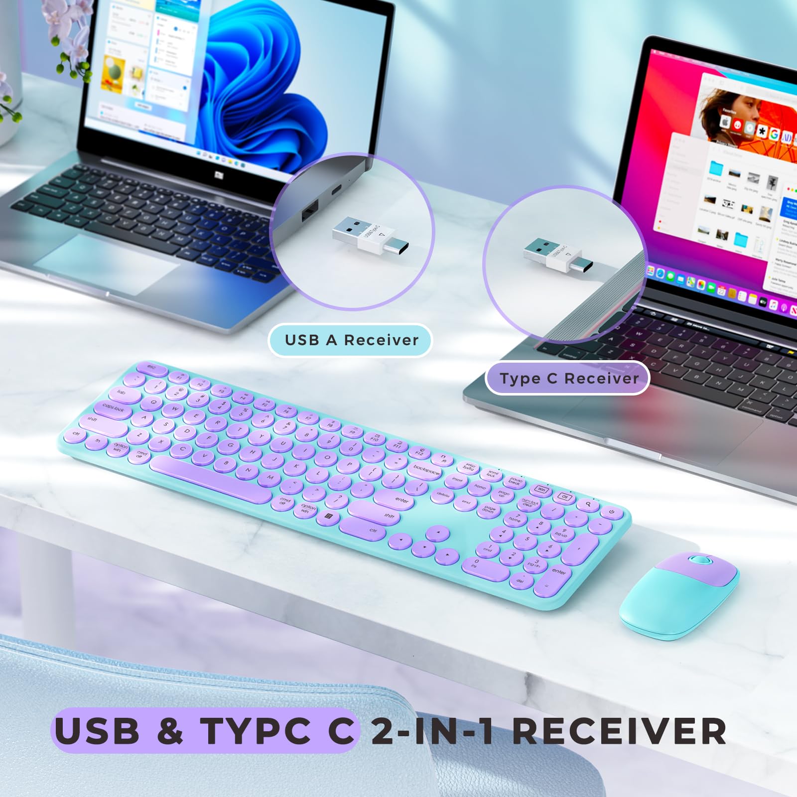 Seenda Wireless Keyboard And Mouse, Usb & Type C 2 In 1 Receiver, Full Size Purple Wireless Keyboard Mouse Combo, Compatible For Windows 7/8/10/11, Macbook Pro/Air, Laptop, Desktop, Pc   Purple Green