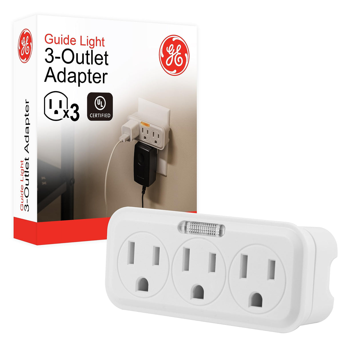 Ge 3 Outlet Extender Wall Tap With Guide Light, Grounded Adapter, 3 Prong, Cruise Essentials, Indoor Rated, Use For Home Office