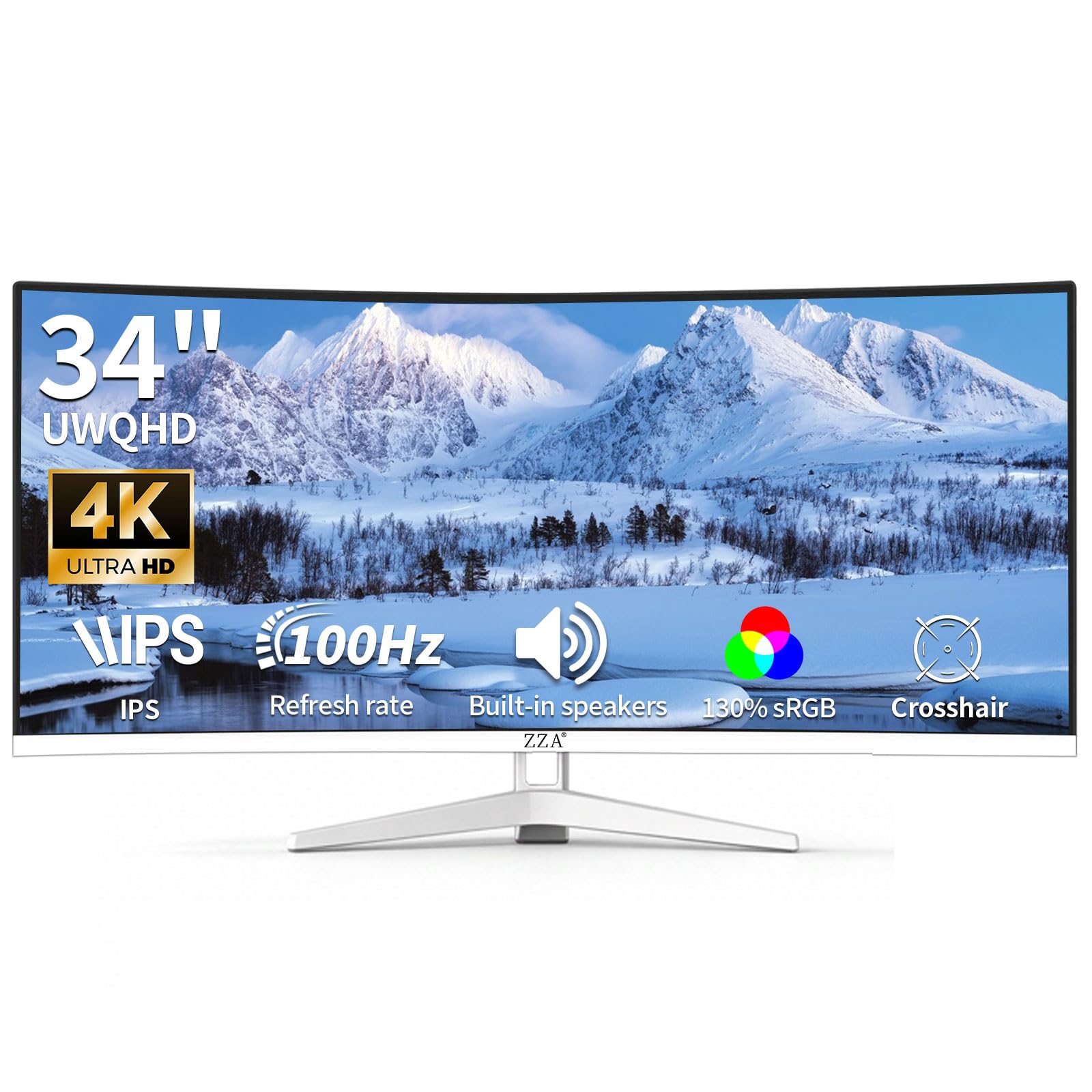 ZZA 34 Inch Ultrawide Curved Monitor Built in Speakers 4K Gaming Computer Monitor 100Hz, WQHD(3440x1440P) Curved 3800R 21:9 Ultr
