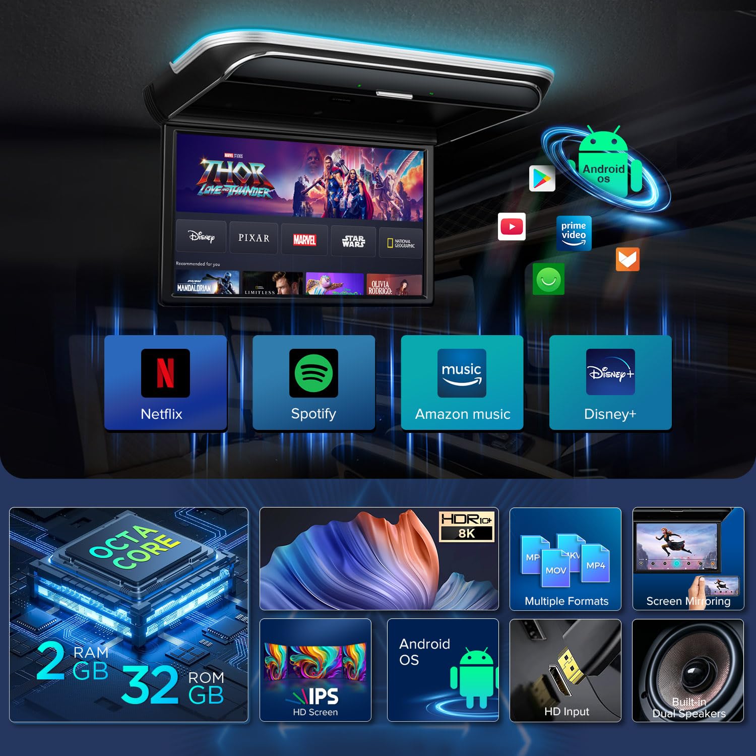 Xtrons Android Car Overhead Player 17.3 Inch Wide Ips Screen 8K Video Car Roof Mount Monitor With Built In Stereo Speakers Flip