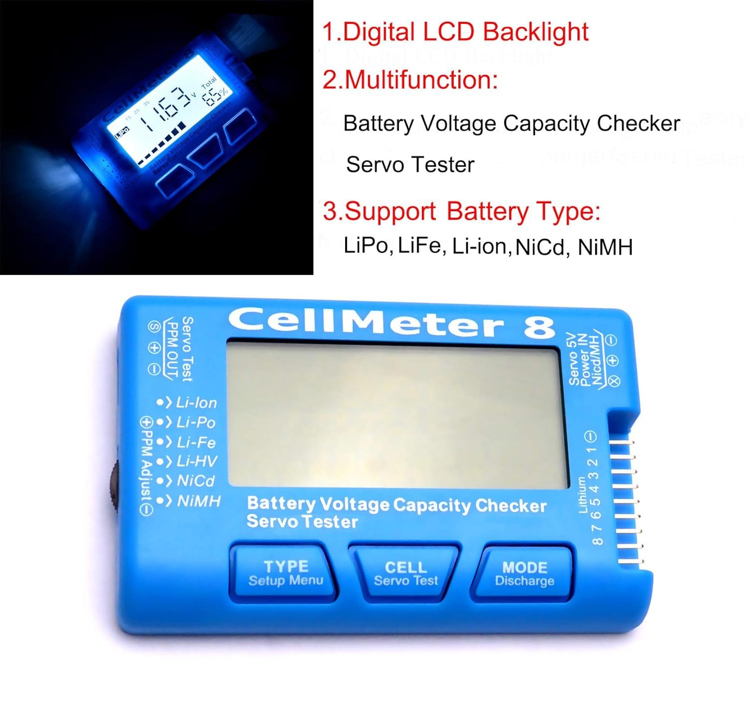Rc Cellmeter 8 Digital Battery Capacity Checker Controller Tester Voltage Tester For Lipo Life Li Ion Nimh Nicd Cell Meter (8 In