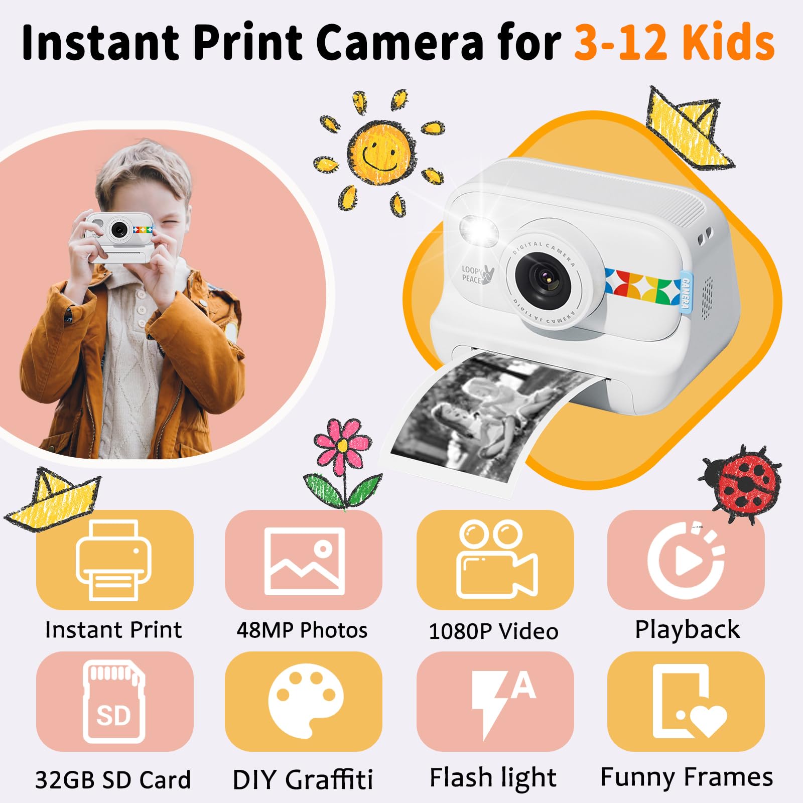 Kids Camera Instant Print, Christmas Birthday Gifts For 3 12 Boys Girls, 1080P Digital Camera, Portable Toddler Travel Toy For 4