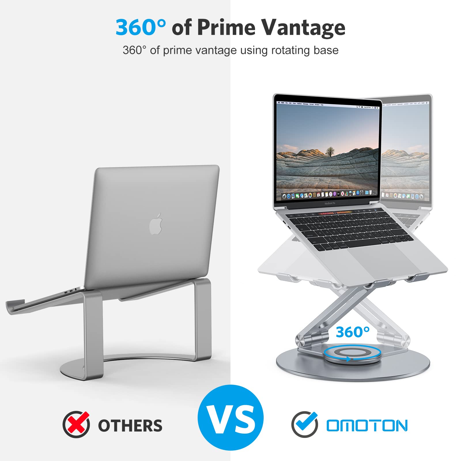 Omoton Adjustable Laptop Stand With 360 Rotating Base, Ergonomic Laptop Riser For Collaborative Work, Dual Rotary Shaft Fully Fo