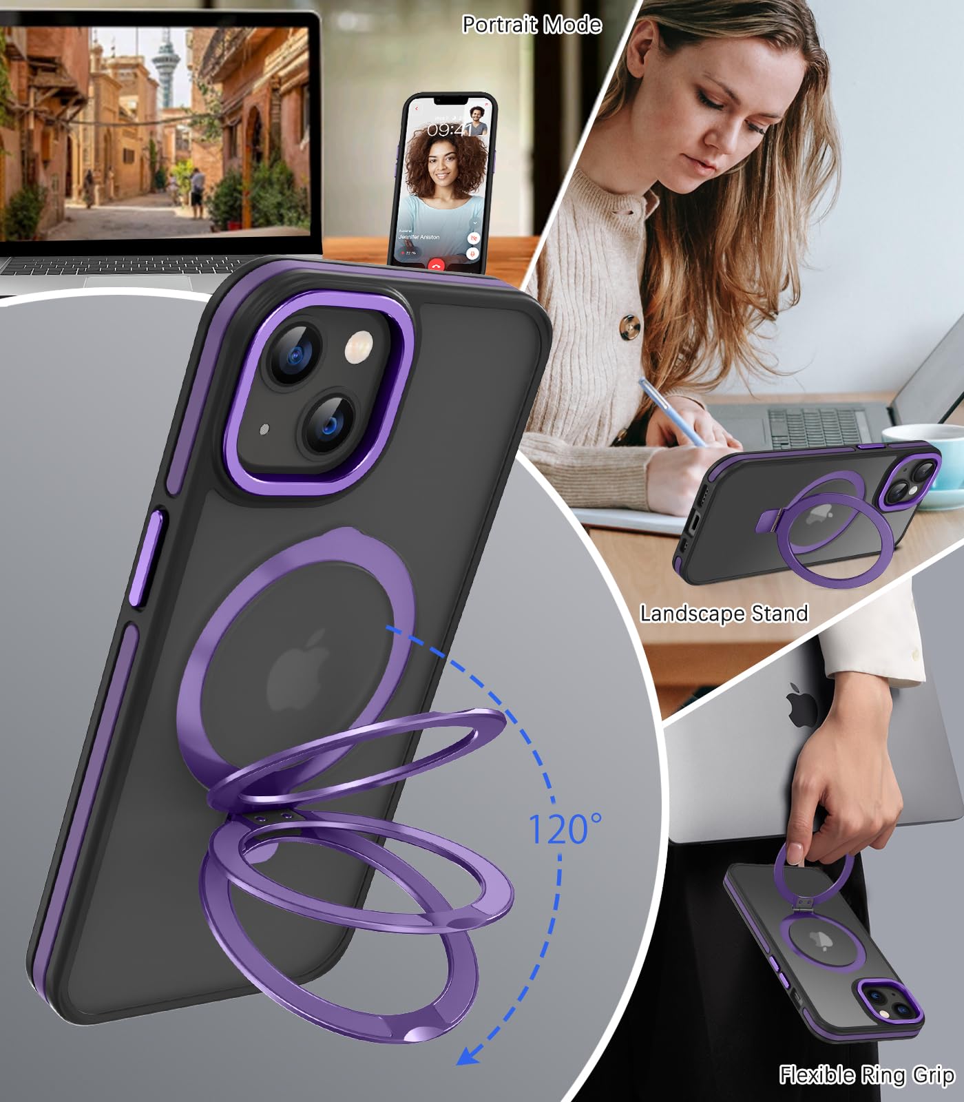 Veningo Iphone 14 Case,Iphone 13 Case,Magnetic Slim Fit Magsafe Translucent Matte Car Mount Supported Foldable Ring Holder Kicks