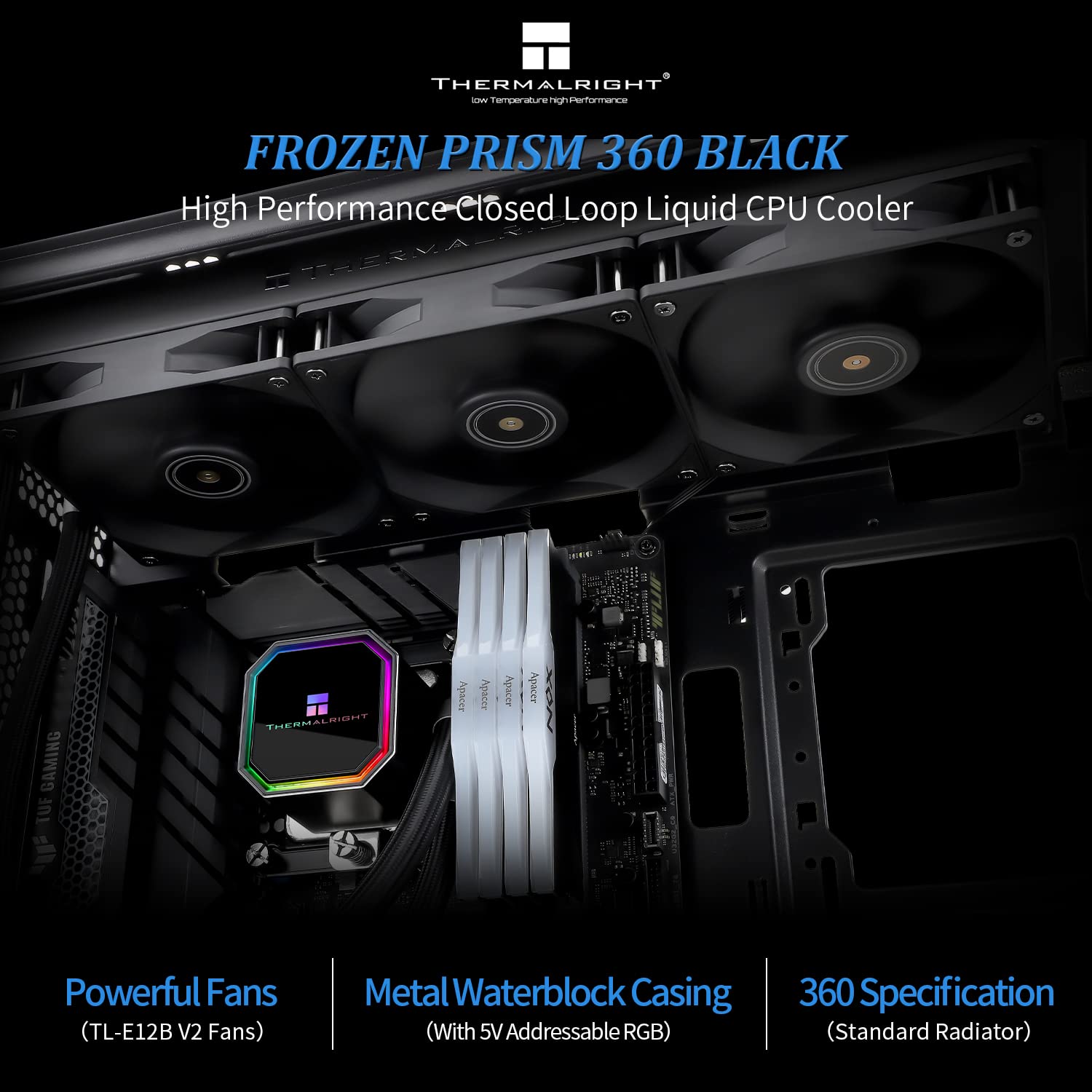 Thermalright Frozen Prism 360 Black Aio Water Cooler,Liquid Cpu Cooler, 3  120Mm Pwm Fans Water Cooling System,1850Rpm High Spee