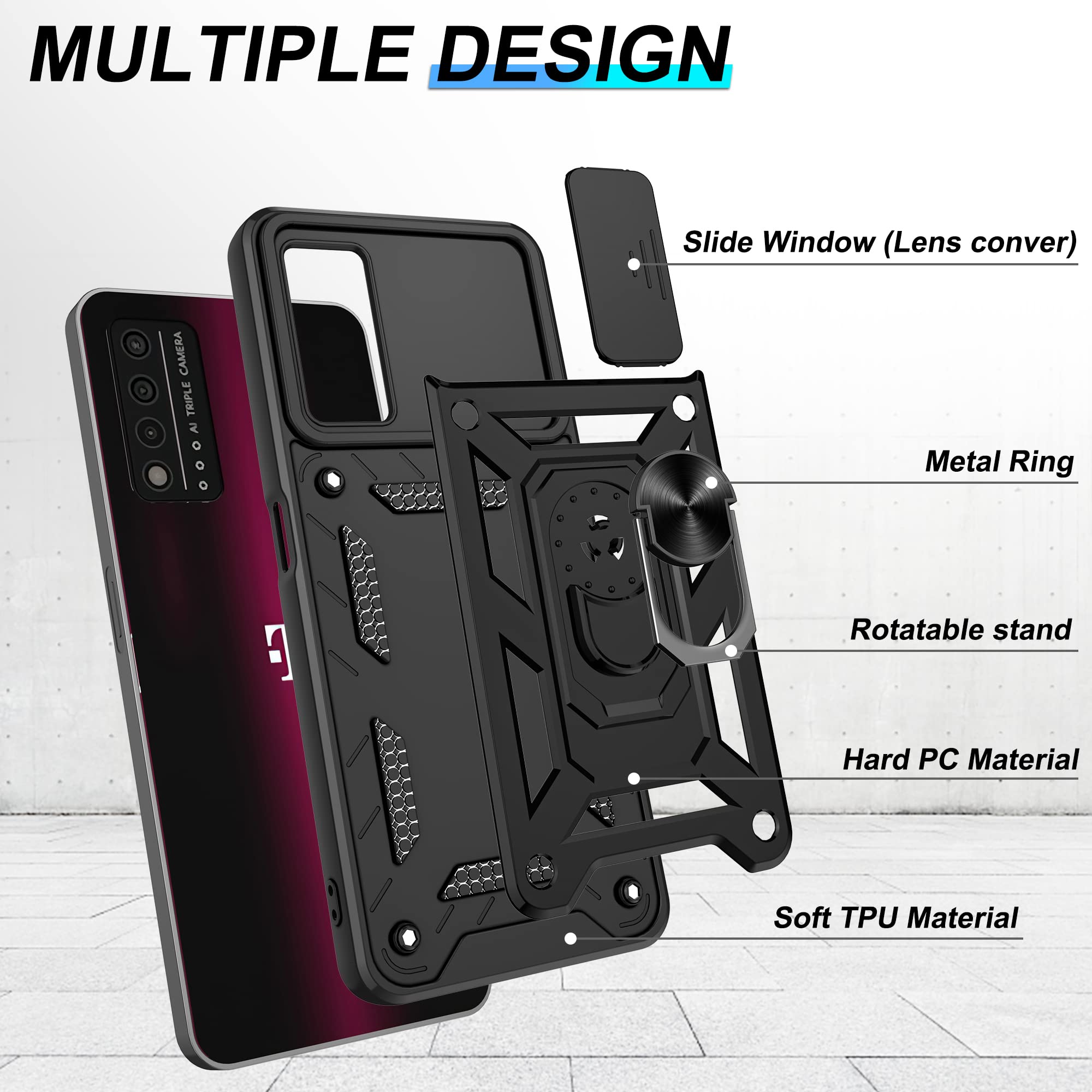 For T Mobile Revvl V Plus 5G Case With Hd Screen Protector With Slide Camera Cover, Atump 360    Rotation Ring Kickstand [Milita