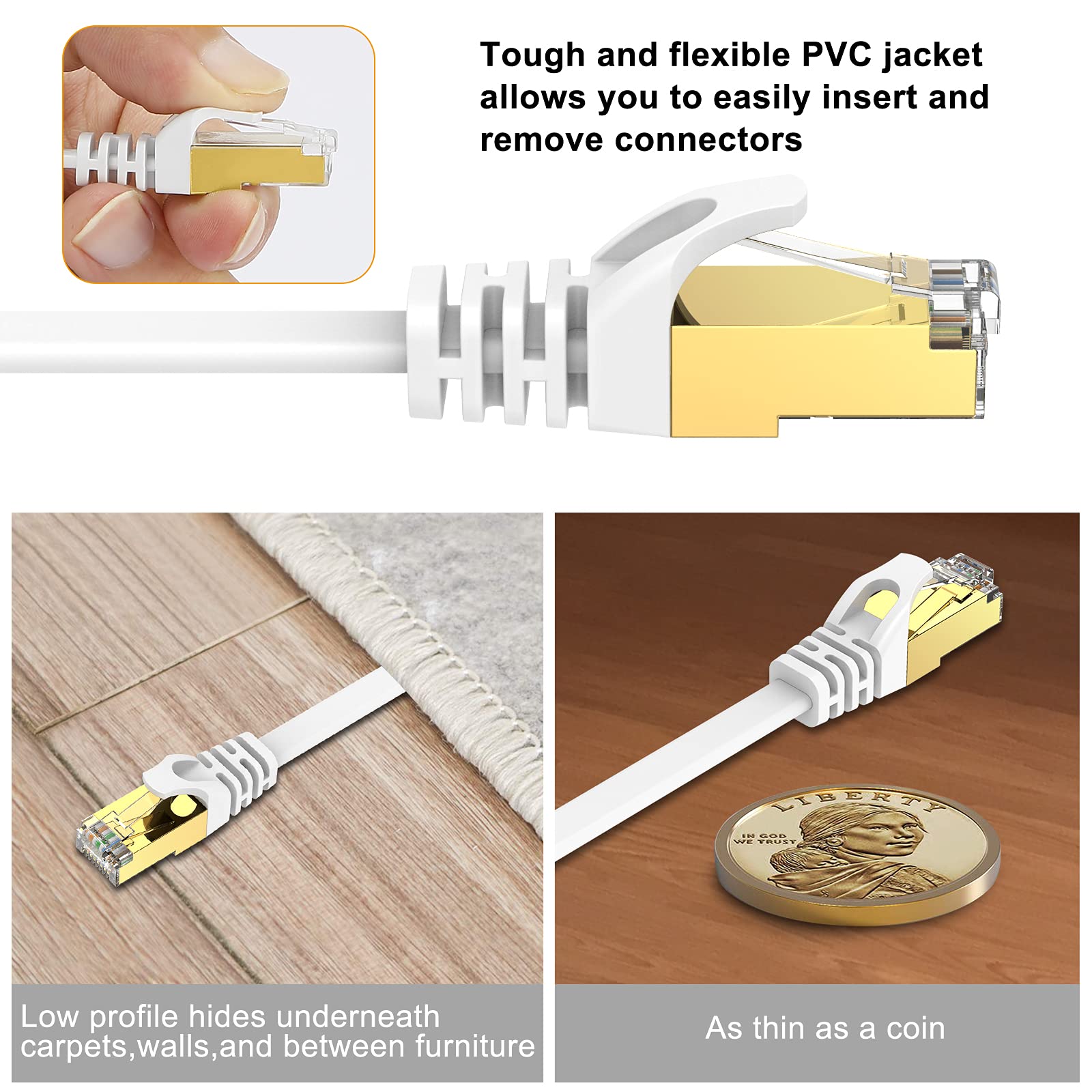 Ercielook Ethernet Cable 50 Ft, Cat8 Standard High Speed Shielded Flat Internet Cable With Clips, Faster Than Cat7 Lan Wire   Wh