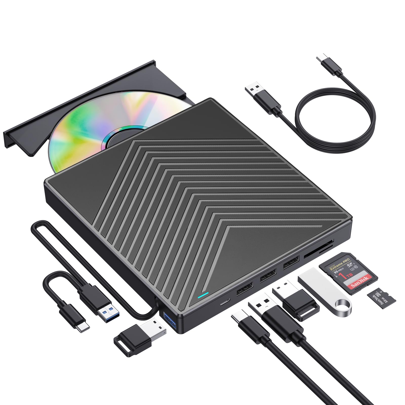 Roofull External Cd Dvd Drive, Usb 3.0 & Usb C Cd/Dvd Burner Player With 4*Usb Ports And 2*Sd/Tf Card Reader, Portable Cd/Dvd Ro