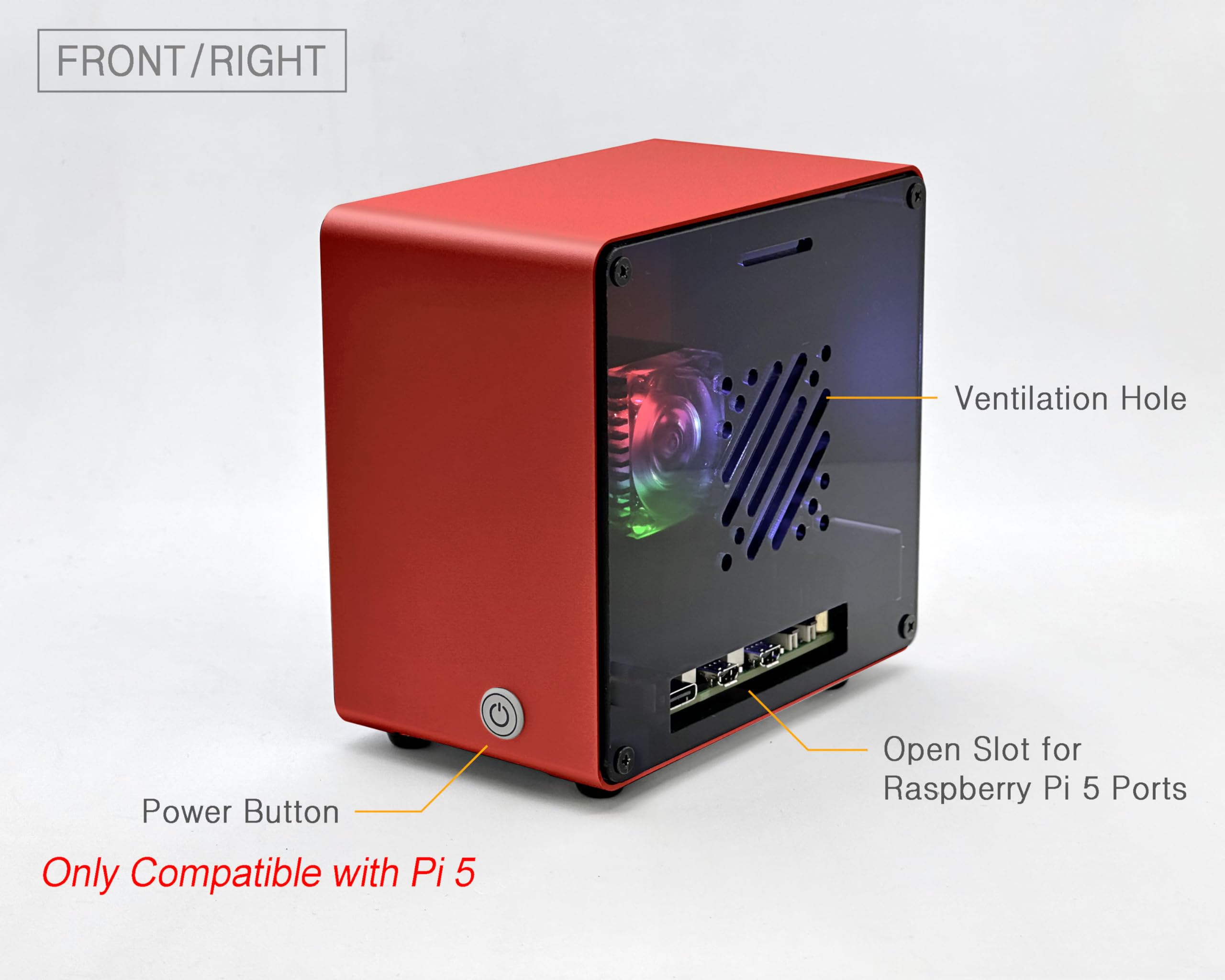 Electrocookie Raspberry Pi 5 Case, Aluminum Mini Tower Case With Cooling Fan And Color Changing Ambient Light (Red)