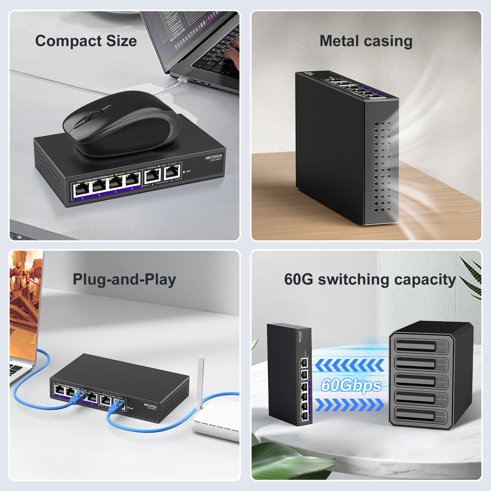 10Gbe Ethernet Switch Unmanaged With 2 X 10Gb Rj45 Ports ? 4 X 2.5Gb Base-T Ports, Desktop/Wall Mount Nicgiga 6 Port 10Gbps Netw