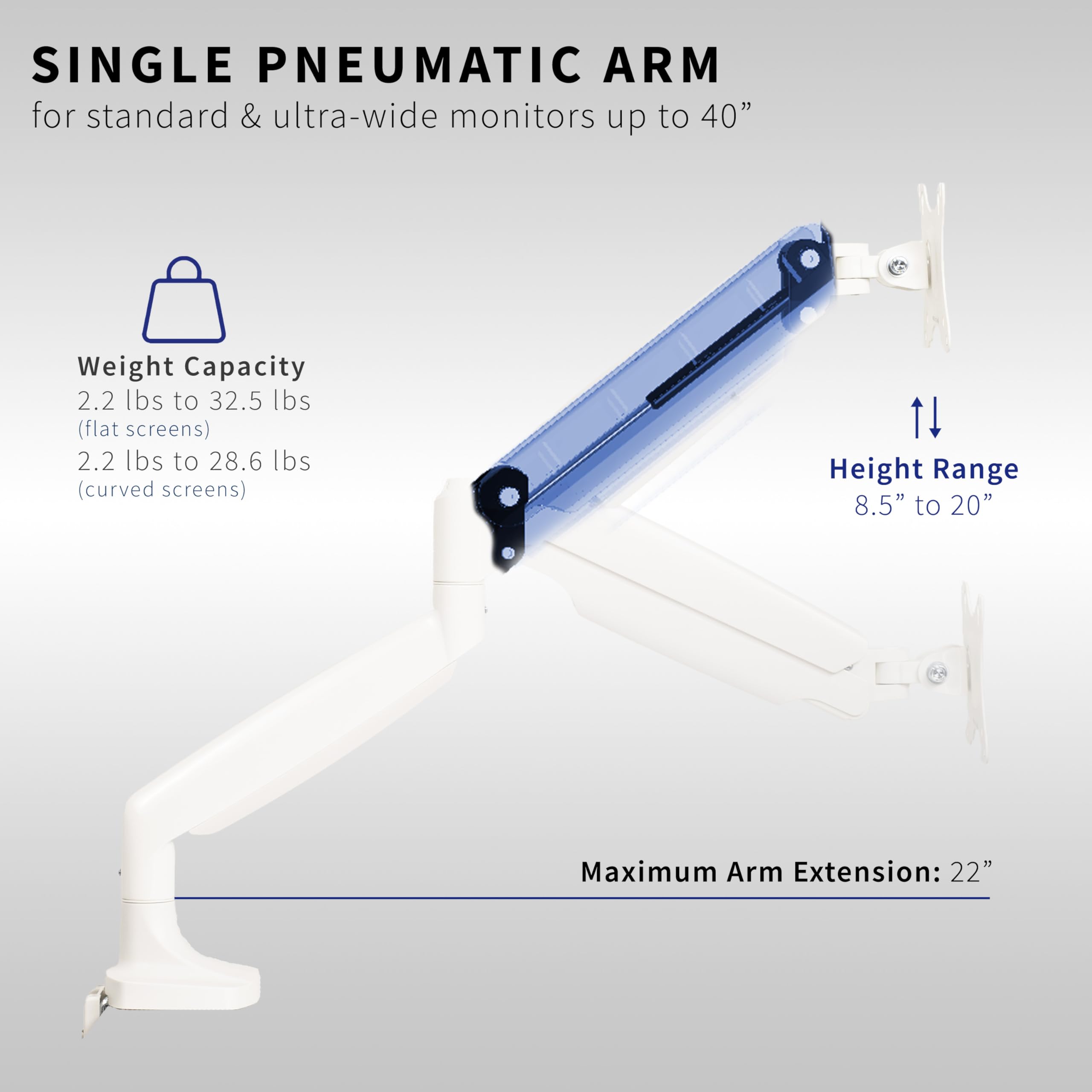 VIVO Premium Aluminum Heavy Duty Single Monitor Arm for Ultrawide Monitor up to 40 inches and 32.5 lbs, Desk Mount Stand, Pneumatic Height, Max VESA 100x100, White, STAND V101QW