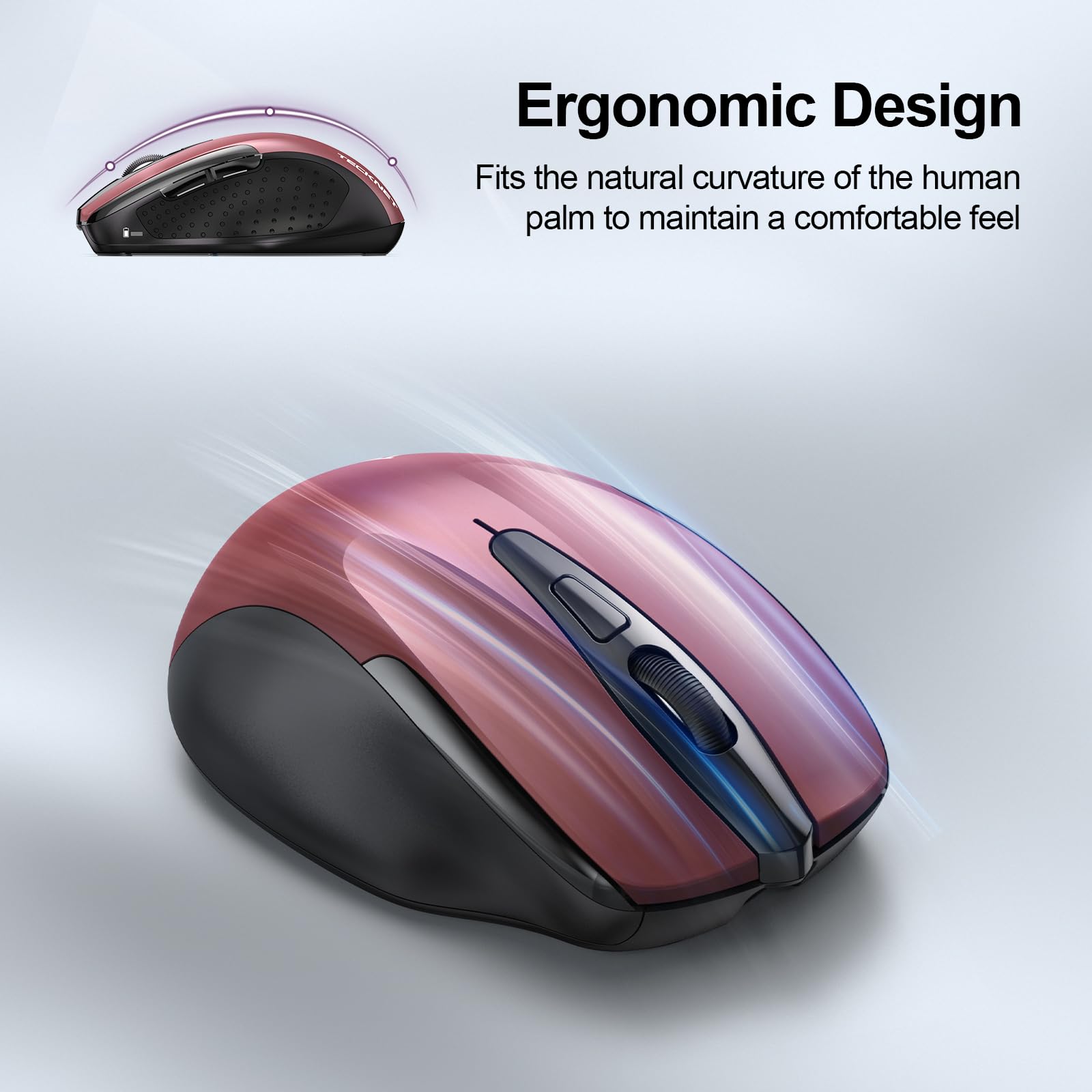 Tecknet Rechargeable Wireless Mouse, 2.4G Silent Mouse, Quiet Click, 6 Adjustable 4800 Dpi, Cordless Computer Mouse, Ergonomic Mouse For Laptop, 6 Buttons Usb Mouse For Chromebook, Ergo Grip   Red