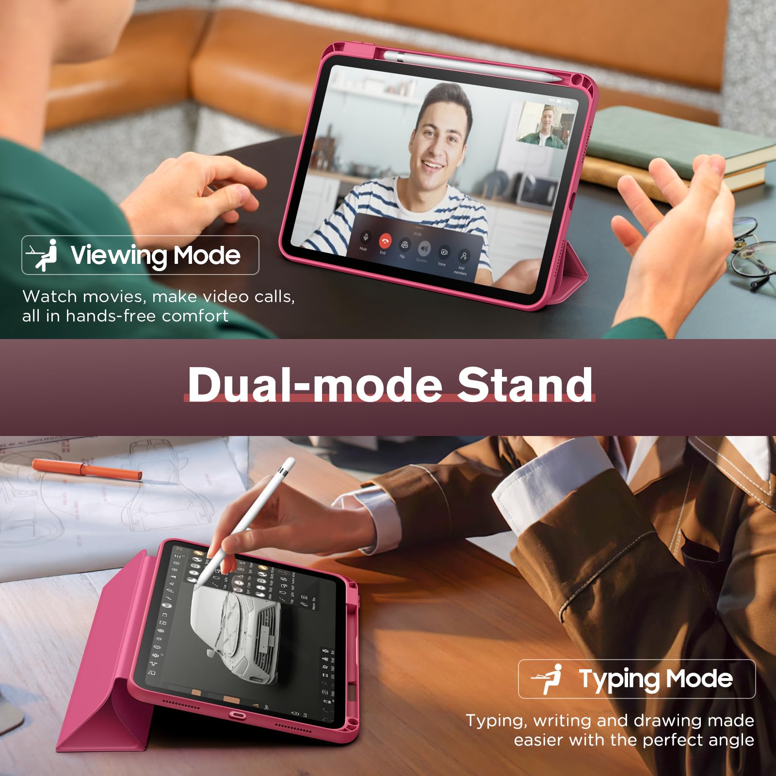 MoKo for iPad (A16) 11th Generation 2025 11 inch/10th Generation 10th 2022 10.9 inch Case with Pencil Holder, Smart Trifold iPad Case with Soft TPU Back Stand Cover, Auto Wake/Sleep, Watermelon Red