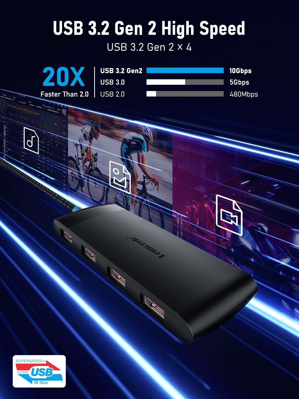 10Gbps Usb C Hub, 4 Ports Usb 3.2 Splitter For Laptop, Usb C To Usb Multiport Adapter W/5V 3A Charging Port, For Macbook Pro/Air