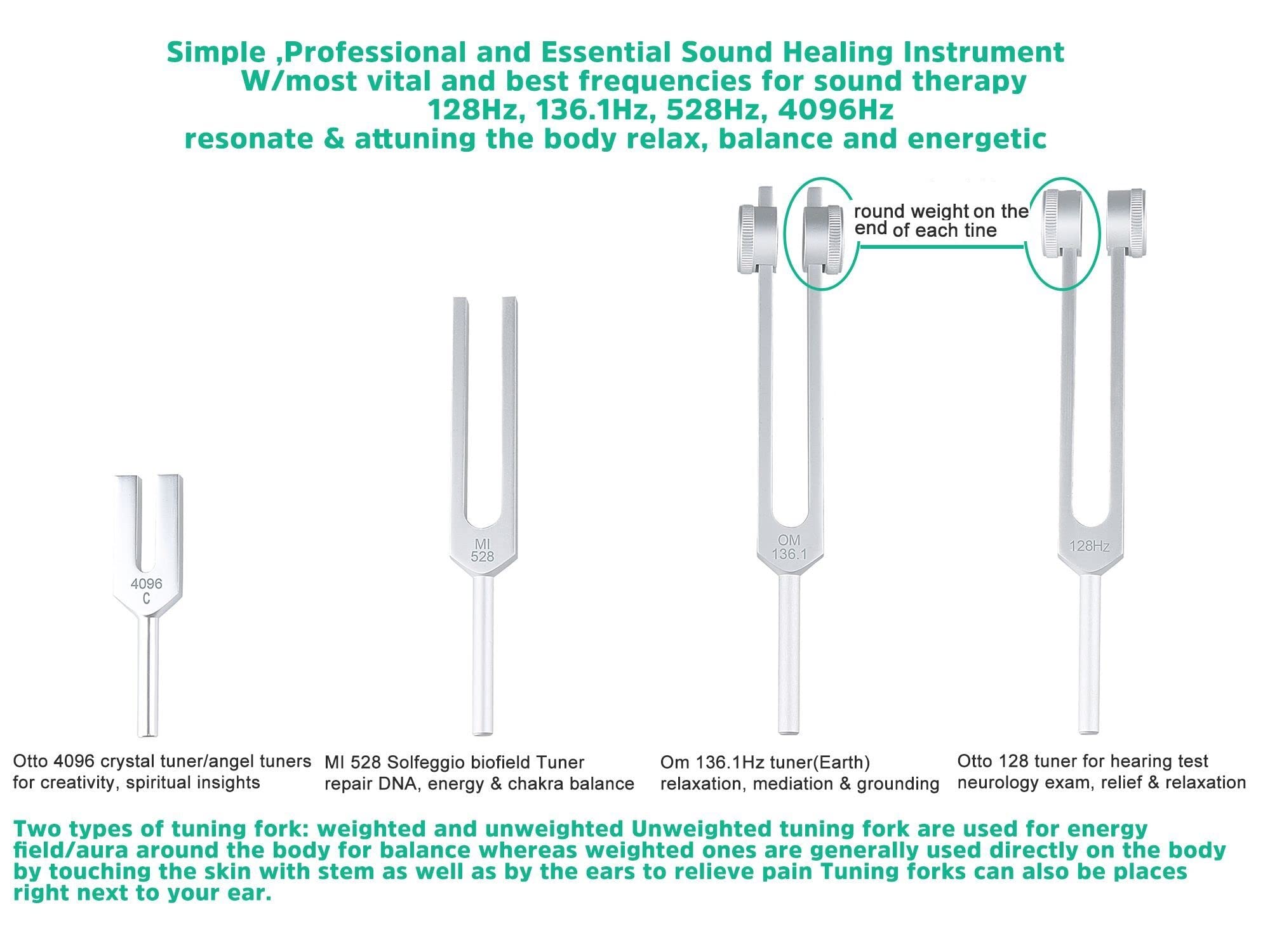 4Pcs Tuning Fork Medical Sound Healing Set(128Hz, Om 136.1Hz, Mi 528Hz, 4096Hz), Tuning Fork Chakra Solfeggio Meditation Biofiel