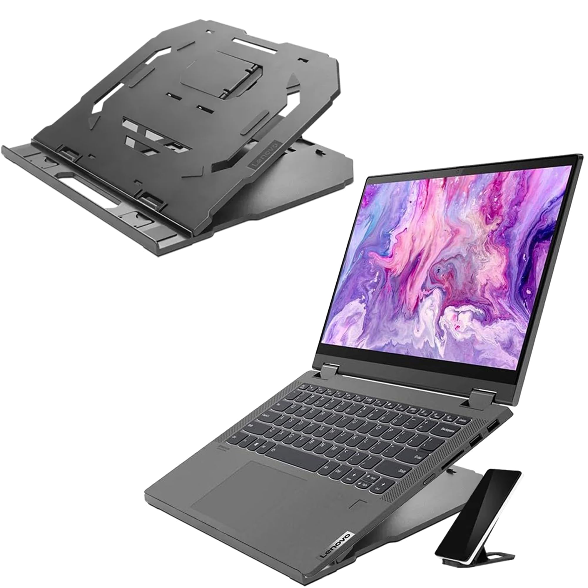 Lenovo 2 In 1 Laptop Stand, Ergonomic, 10 Adjustable Tilt Angles, Ventilated, Non Slip, Portable, Gxf0X02619, Black
