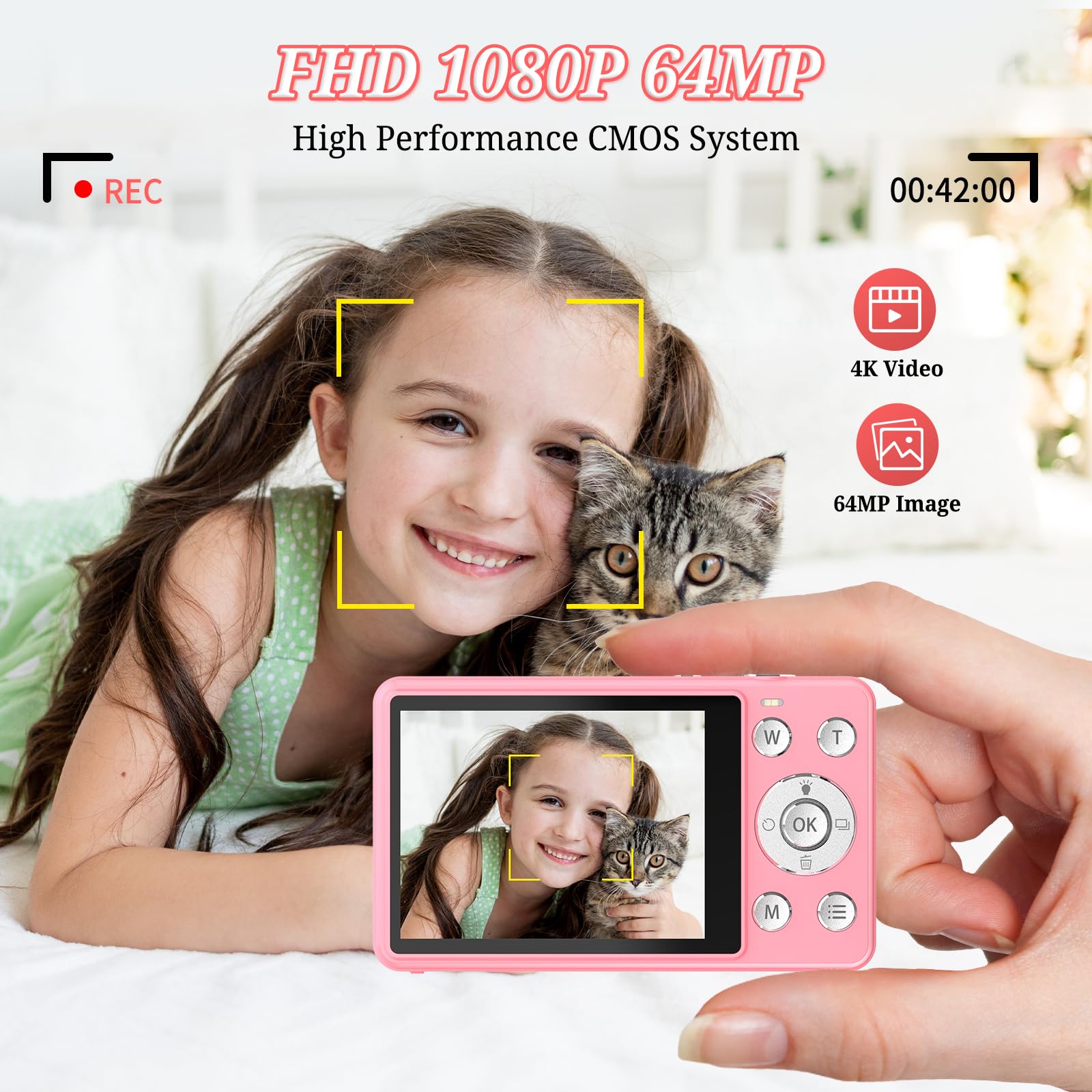 Digital Camera, Fhd 4K 64Mp Point And Shoot Kids Digital Camera With 64Gb Card,18X Zoom, Anti Shake, Compact Small Cameras For K