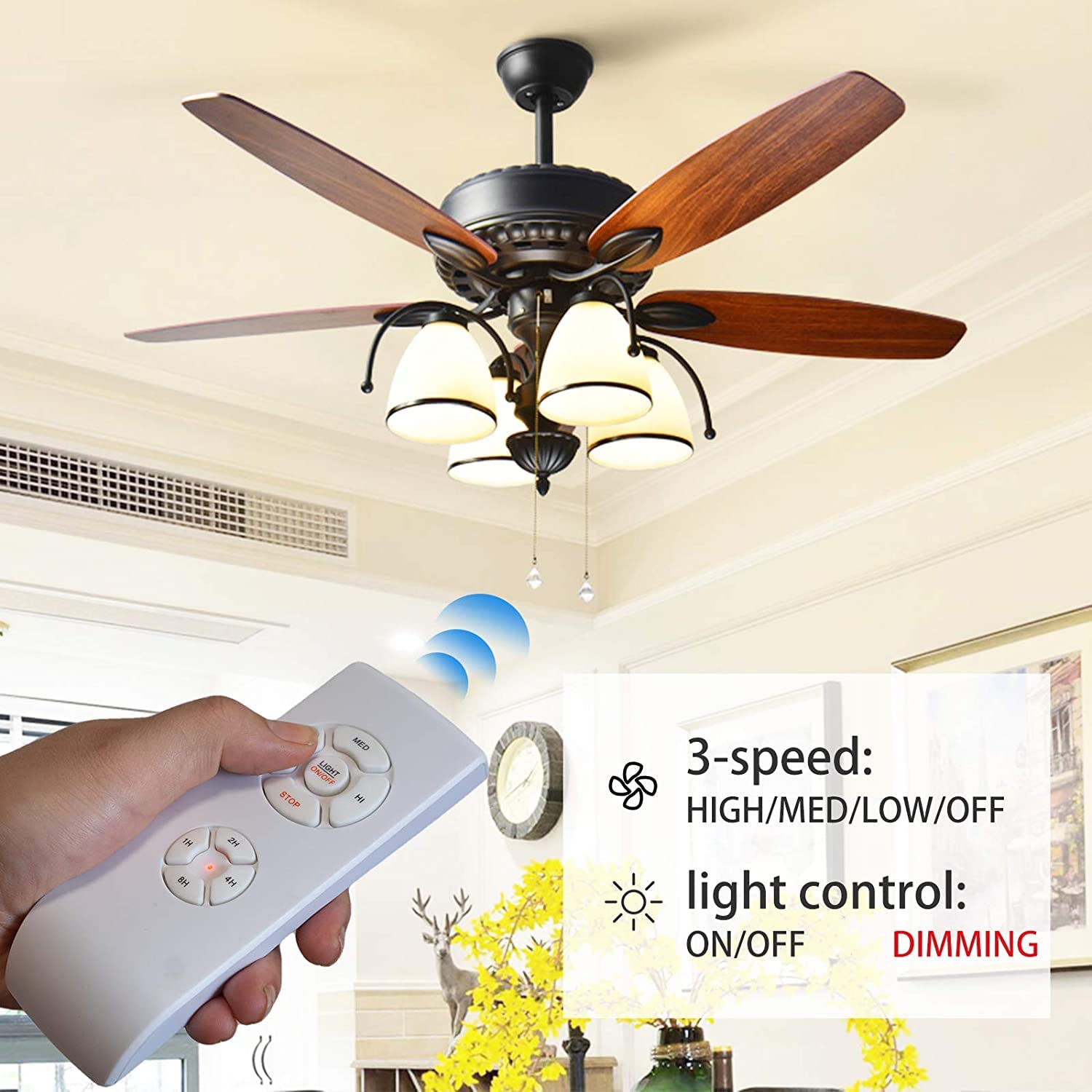 Nexete Universal Ceiling Fan Remote Control Kit,Light Dimmer Timing & Fan Speed Wireless Remote Control And Small Size Receiver
