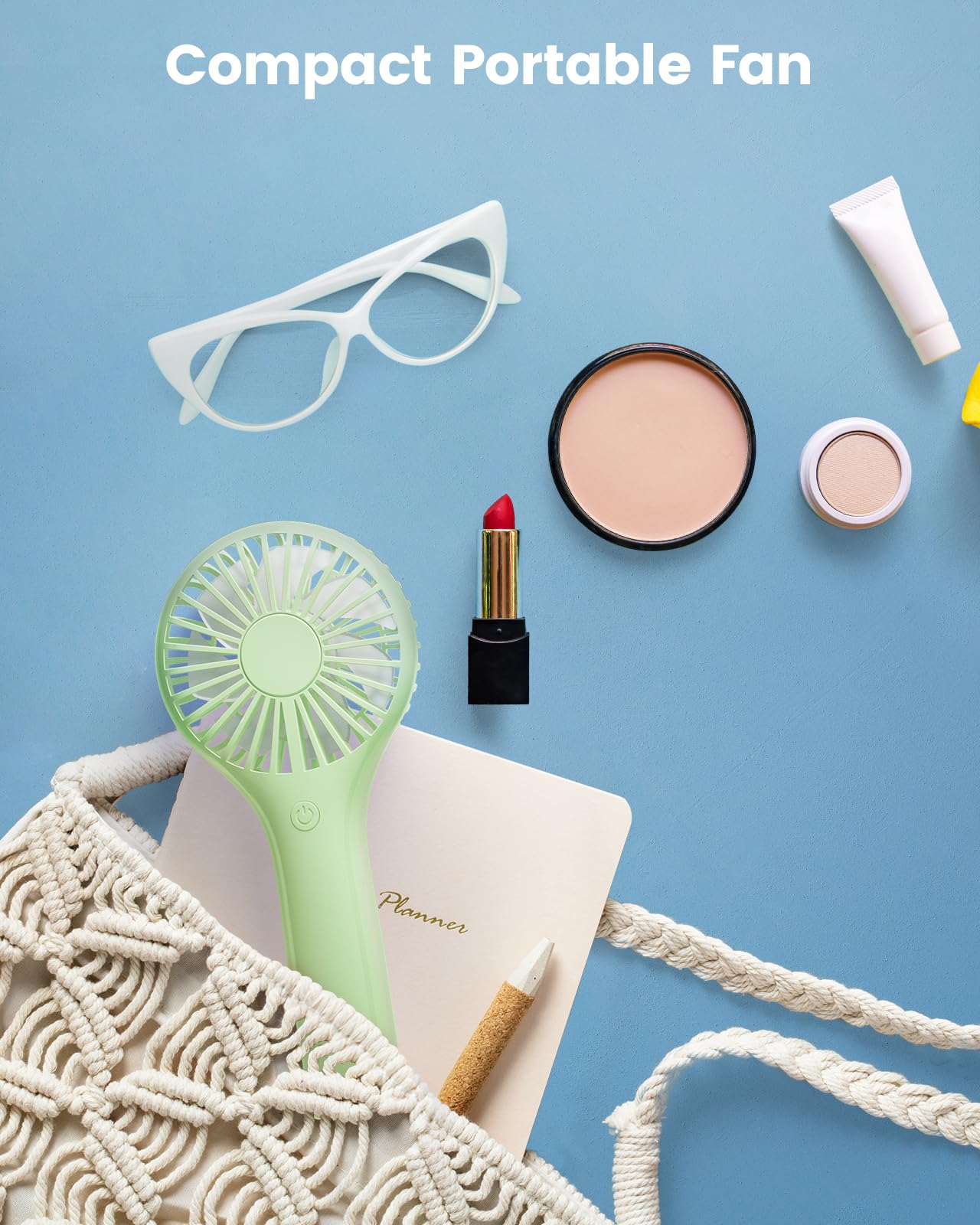 Green Handheld Fan, Portable Fan Mini Fan Powerful Hand Fan With 3 Speeds, Usb Rechargeable Personal Fan, Makeup Lash Fan For St