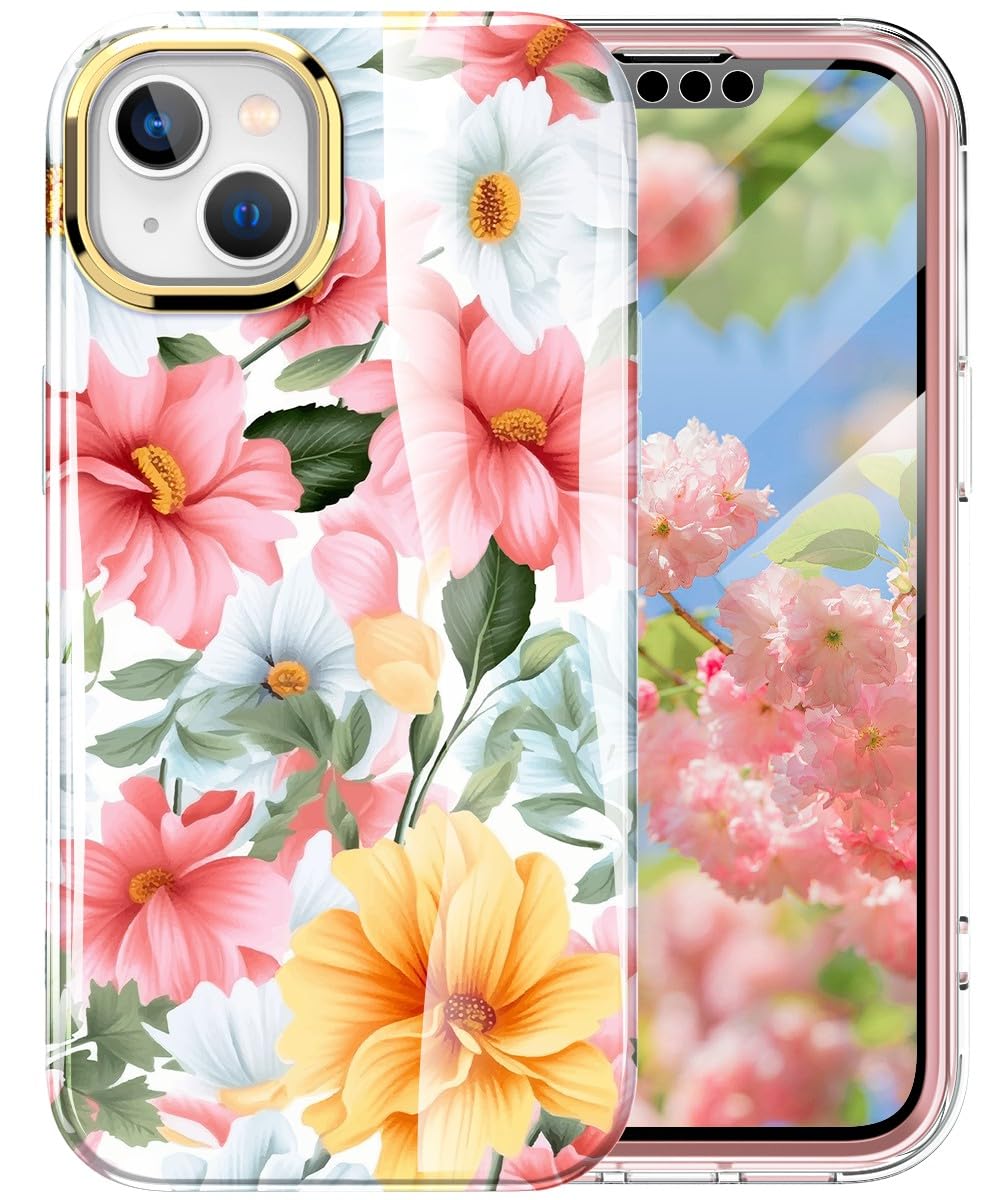 Turquiase Cute Flower Case For Iphone 14 Plus 6.7 Inch Built With Screen Protector, Lightweight And Stylish Full Body Shockproof