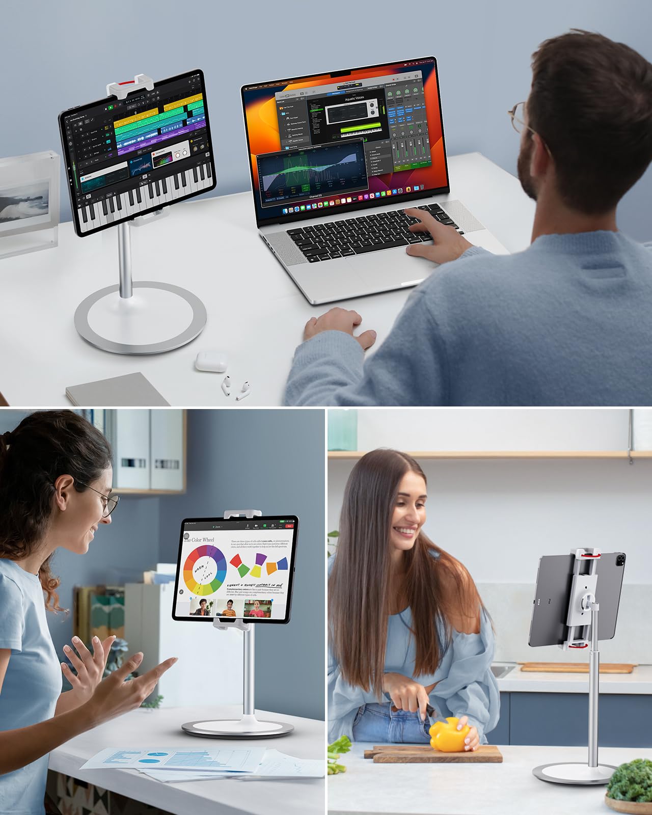 Saiji Tablet Stand Holder, Height Adjustable Portable Monitor Stand, 360 Degree Rotating, Aluminum Alloy Cradle Mount Dock For 4.7' 15.6' Screen Iphone Samsung, Ipad, Kindle, Ebook Reader (Silver)