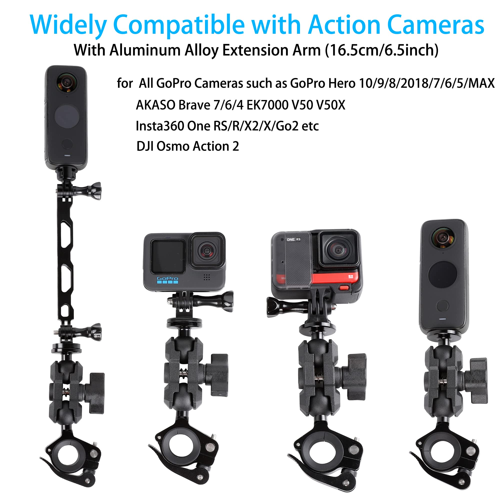 Motorcycle Bike Handlebar Helmet Mount Bundle For Insta360 X4,Go 3,X3,X2,One Rs 1 Inch 360 Edition, One Rs Twin,One R,Gopro 12/11/10/9/8/7/6/5 Blcak Max Camera, With Helmet Extension Arm Adhesive Kit