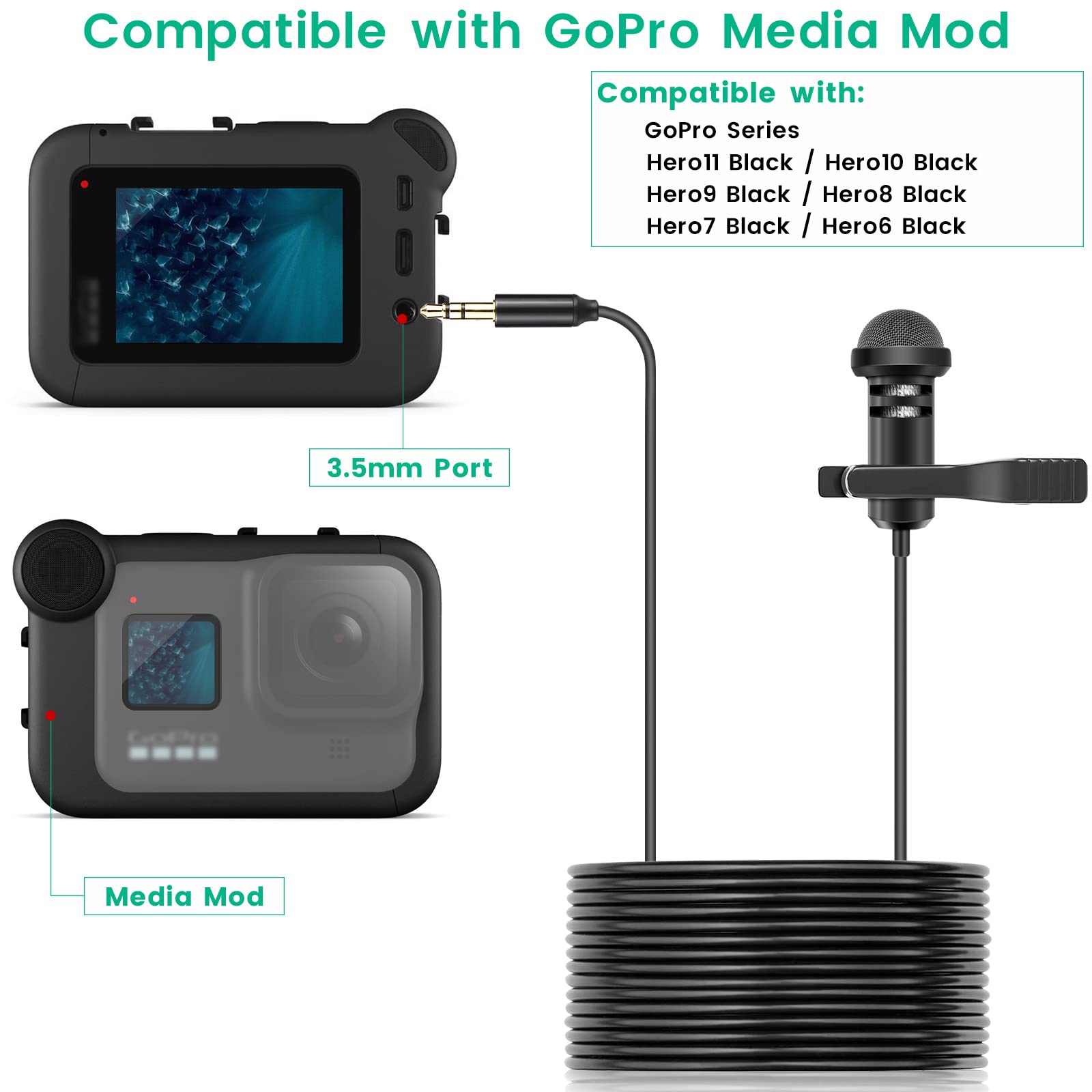 Weishan Lavalier Mic Compatible With Gopro Hero11 Black, Hero10,Hero9 Action Cameras, Media Mod, Max   Lapel Microphone 3.5Mm, 1